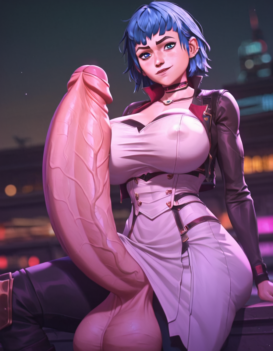 ai_generated arcane arcane_jinx blue_eyes blue_hair covered_nipples dress foreskin futanari huge_balls huge_breasts huge_cock hyper_penis jacket jinx_(league_of_legends) powder_(arcane) short_hair smile veiny_penis