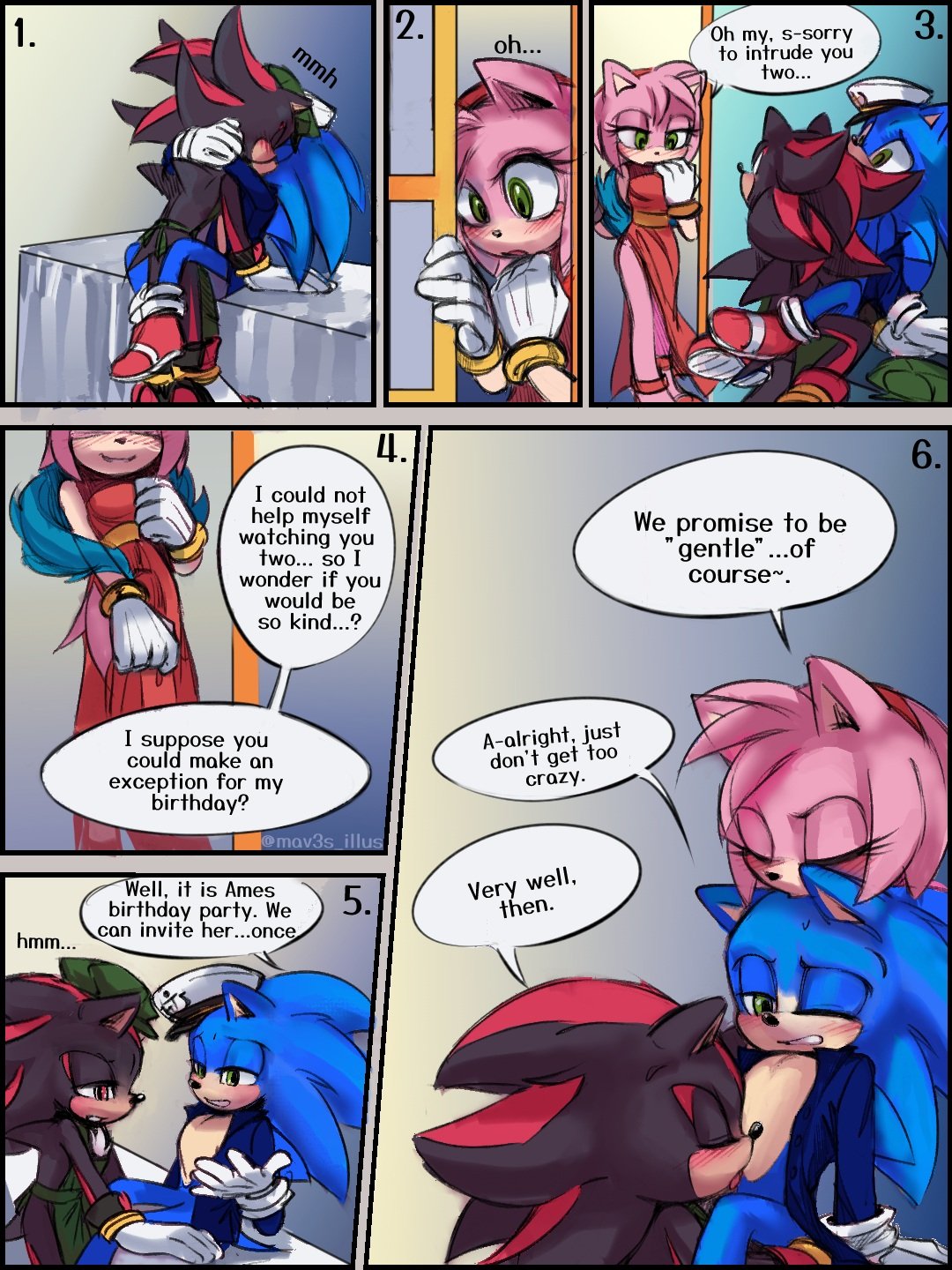 amy rose, anthro, bulge, comic, cuntboy, furry, futanari, implied futa, intersex, mav3s illus, sega, shadow the hedgehog, sonic (series), sonic the hedgehog, threesome