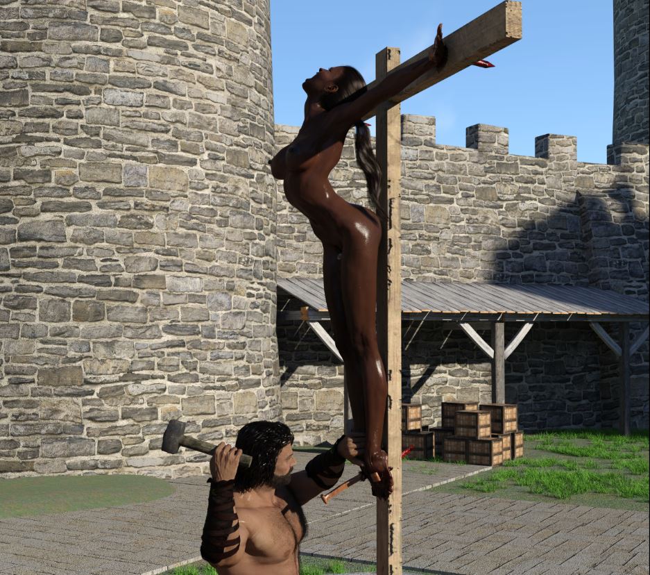 1female 1male 3d black_hair blood bondage castle crucifixion dark-skinned_female execution female male naked_female nude_female topless_male