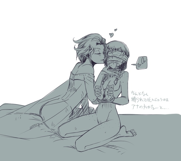 anna (frozen), bare shoulders, black and white, blindfold, bondage, bound, bound wrists, breasts, cleave gag, clothed, clothed female, clothed female nude female, disney, elsa (frozen), female, female only, femdom, femsub, frozen (film), gag, gagged, hand on chin, hearts, human, incest, kissing, kissing cheek, kneeling, monochrome, multiple females, nude, nude female, off shoulder, red hair, rough sketch, see-through, sisters, small breasts, tied wrists, translation request, twintails, white hair, yuri
