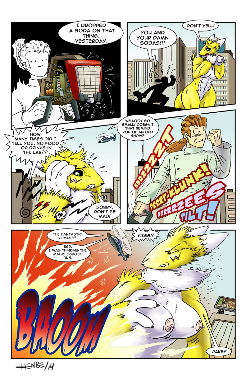 2014 abs anthro areola bandai big_breasts breasts canine comic dialog digimon english_text erect_nipples female fox growth henbe human humor male mammal muscles muscular_female nipples nude page_8 page_9 pussy renamon text