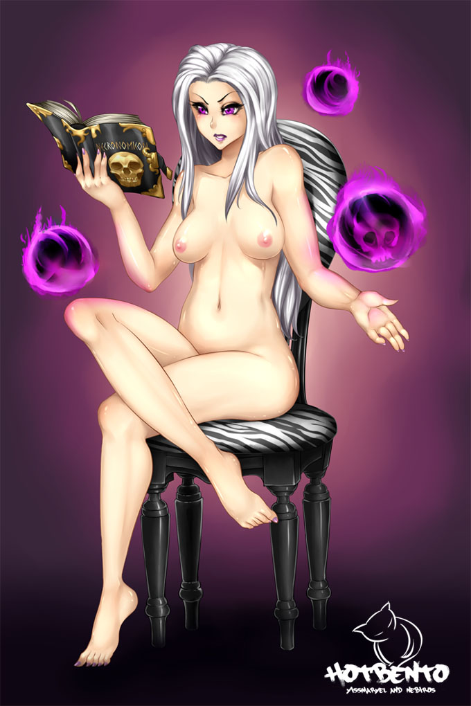 1girls barefoot book breasts crossed_legs energy_ball eyelashes feet female kawaiibentobox league_of_legends long_hair nail_polish navel nipples nude purple_eyes reading silver_hair sitting skull solo syndra text toenail_polish