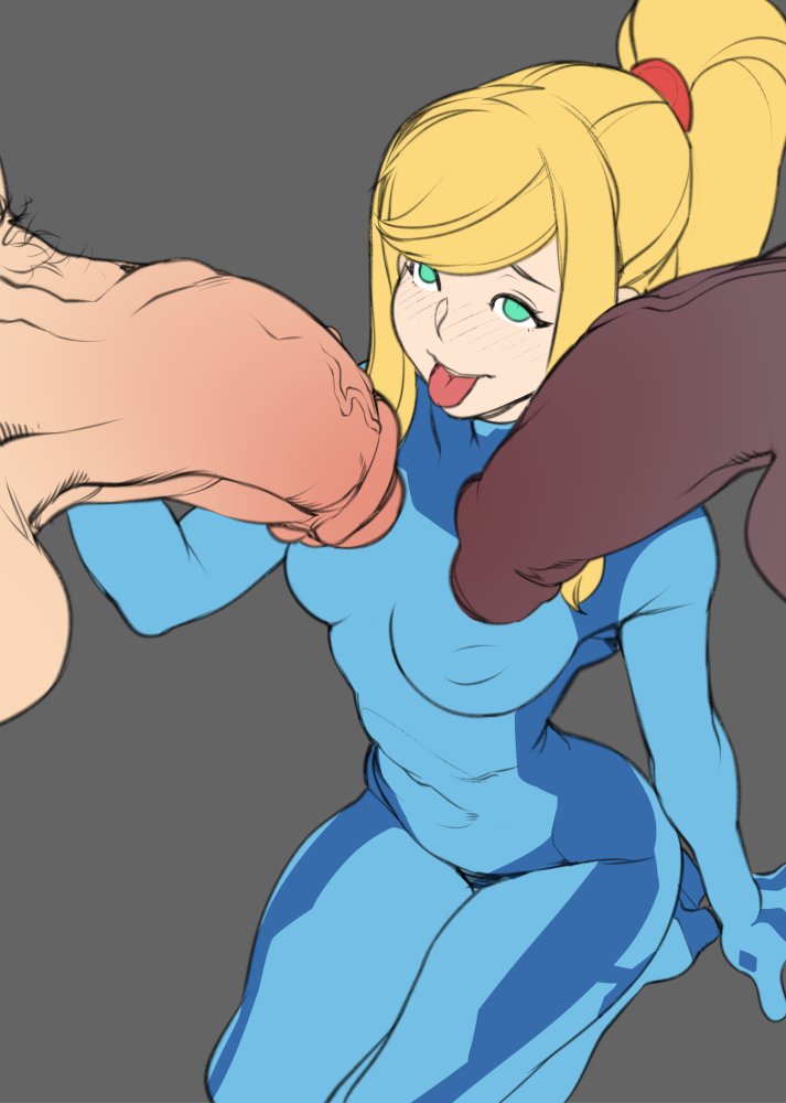 1girls, 2boys, bimbo, blonde hair, bodysuit, dark skin, dark-skinned male, doxy, erection, female, green eyes, huge cock, imminent sex, male, metroid, nintendo, penis, samus aran, tongue, tongue out, zero suit samus