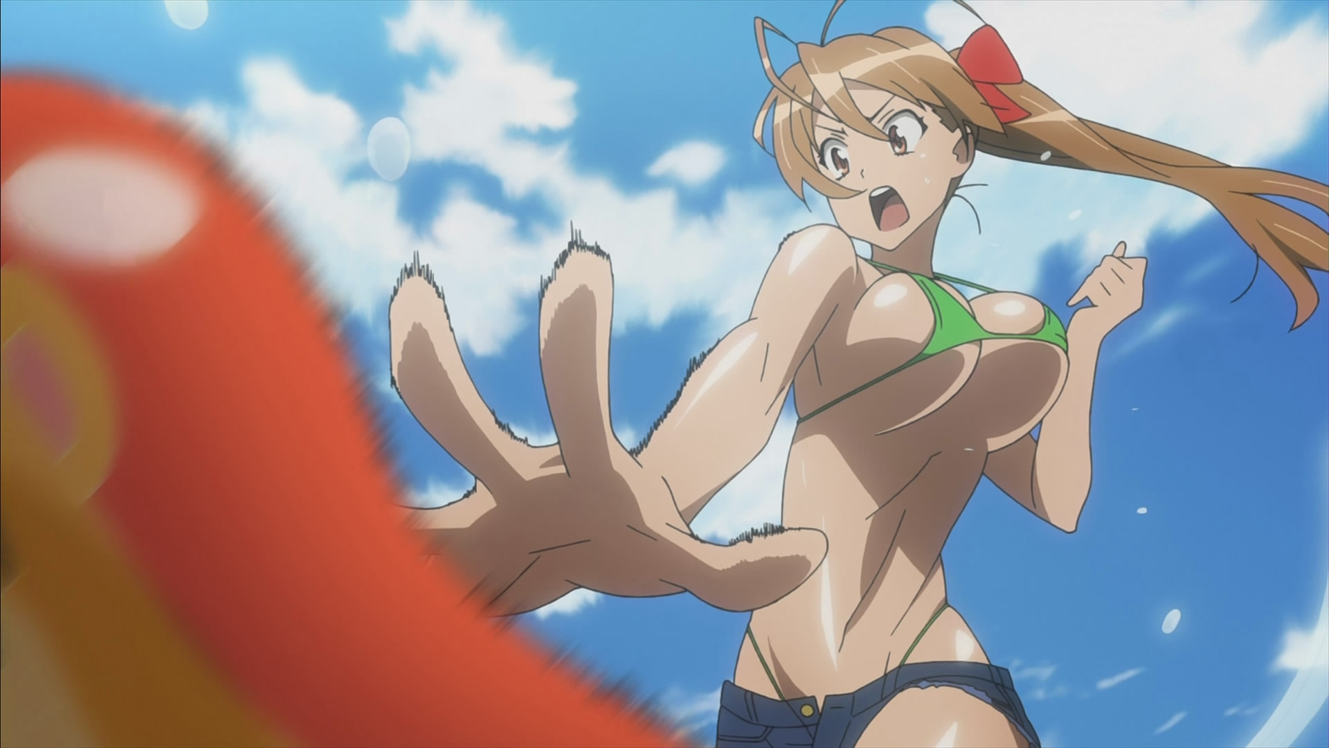 1girls, bikini top, breasts, brown hair, daisy dukes, female, female only, highschool of the dead, large breasts, long hair, rei miyamoto, screencap, solo, thong