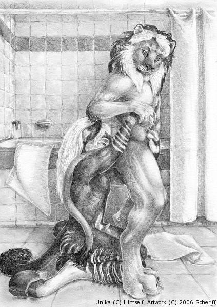 2006 anal anthro bathroom bovid feline hand_holding hooves lion male mammal monochrome nude okapi oral paws penis rimming scheriff stripes tongue traditional_media unika yaoi