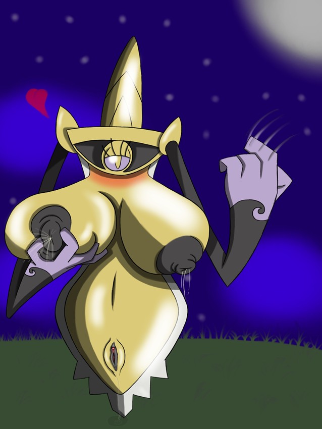 2014 aegislash beckoning big_breasts blush breast_squish breasts crockwad dripping eyelashes female female_only grass huge_breasts huge_nipples lactation moonlight night nintendo nipples pokemon pokemon_(species) pokemon_xy pussy solo sword weapon