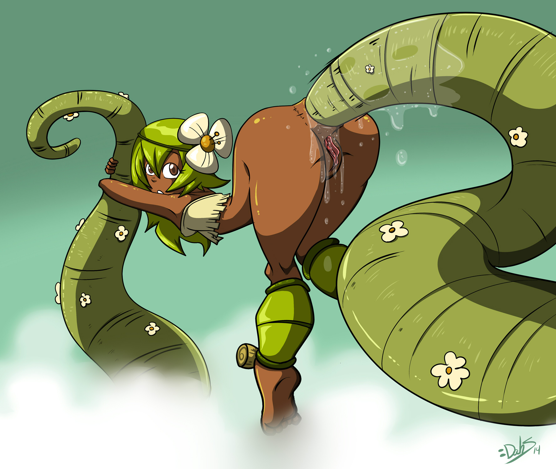 amalia, anal, anal juice, ankama, arched back, ass, blush, bottomless, breasts, brown eyes, dahs, dark skin, dark-skinned female, female, green hair, hair flower, hair ornament, highres, long hair, pussy, rape, sadida, sex, slime, small breasts, tentacle, tentacle rape, vine, vines, wakfu
