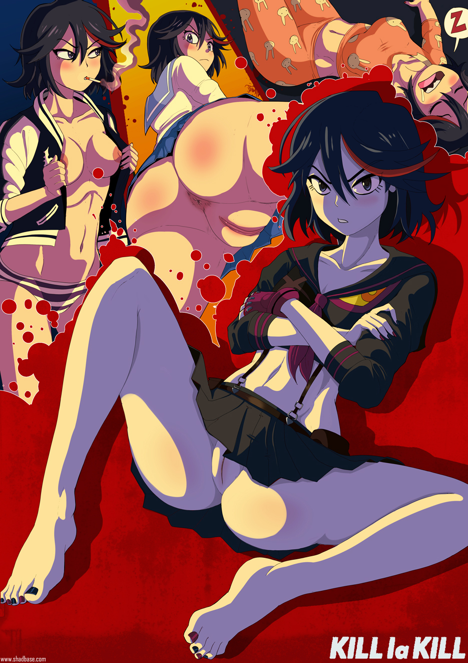 1girls, anus, ass, barefoot, black hair, female, female only, kill la kill, matoi ryuuko, nail polish, nipples, pussy, school uniform, shadman, sleeping, solo, toenail polish, toes, upskirt