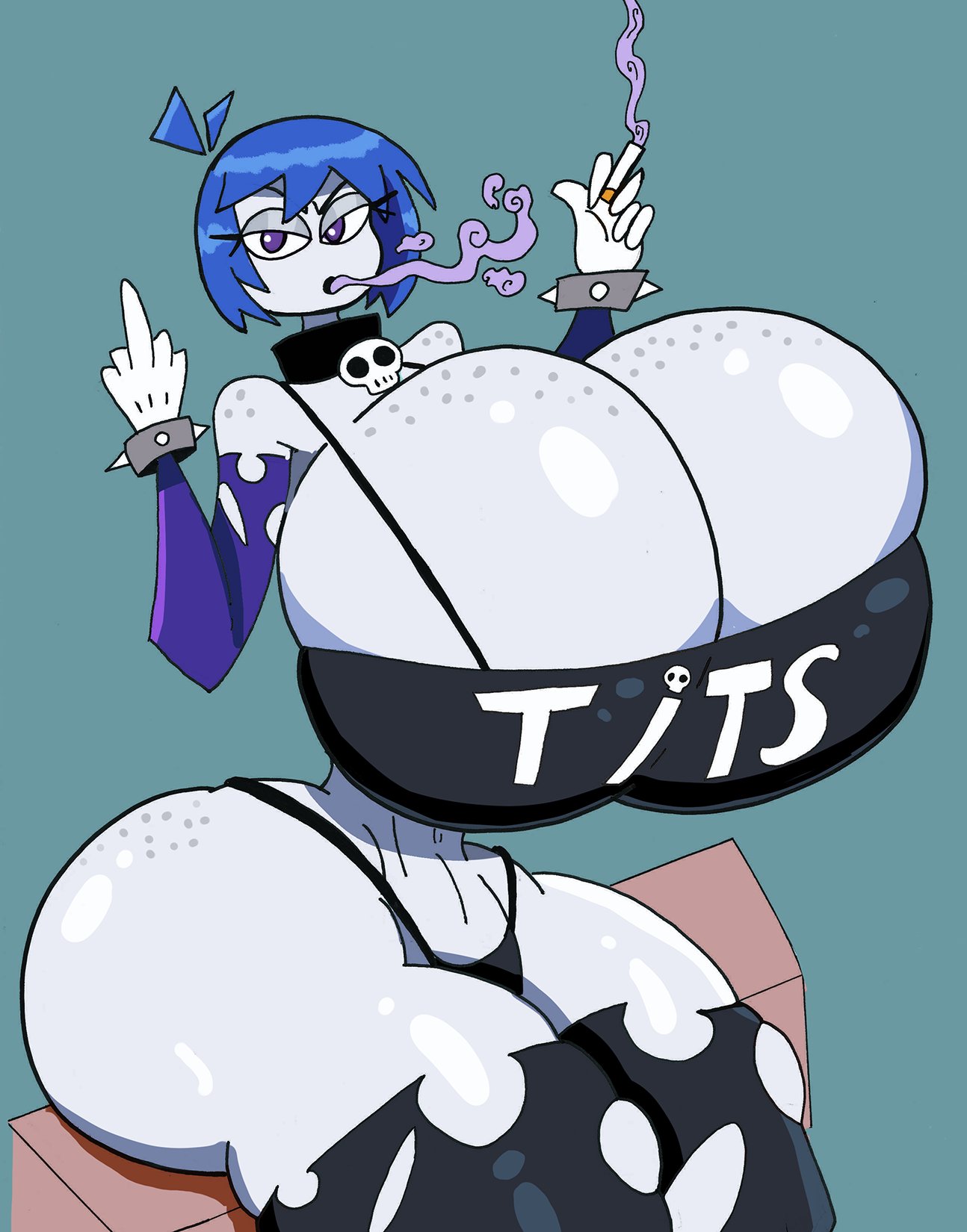 1girls, blue hair, breasts, breasts bigger than head, female, gigantic breasts, gooeyblob, huge ass, huge breasts, hyper ass, hyper breasts, hyper hourglass, hyper-thin waist, middle finger, no nose, noseless, purple eyes, solo, solo female, solo focus, tiddy (megabippy), white body