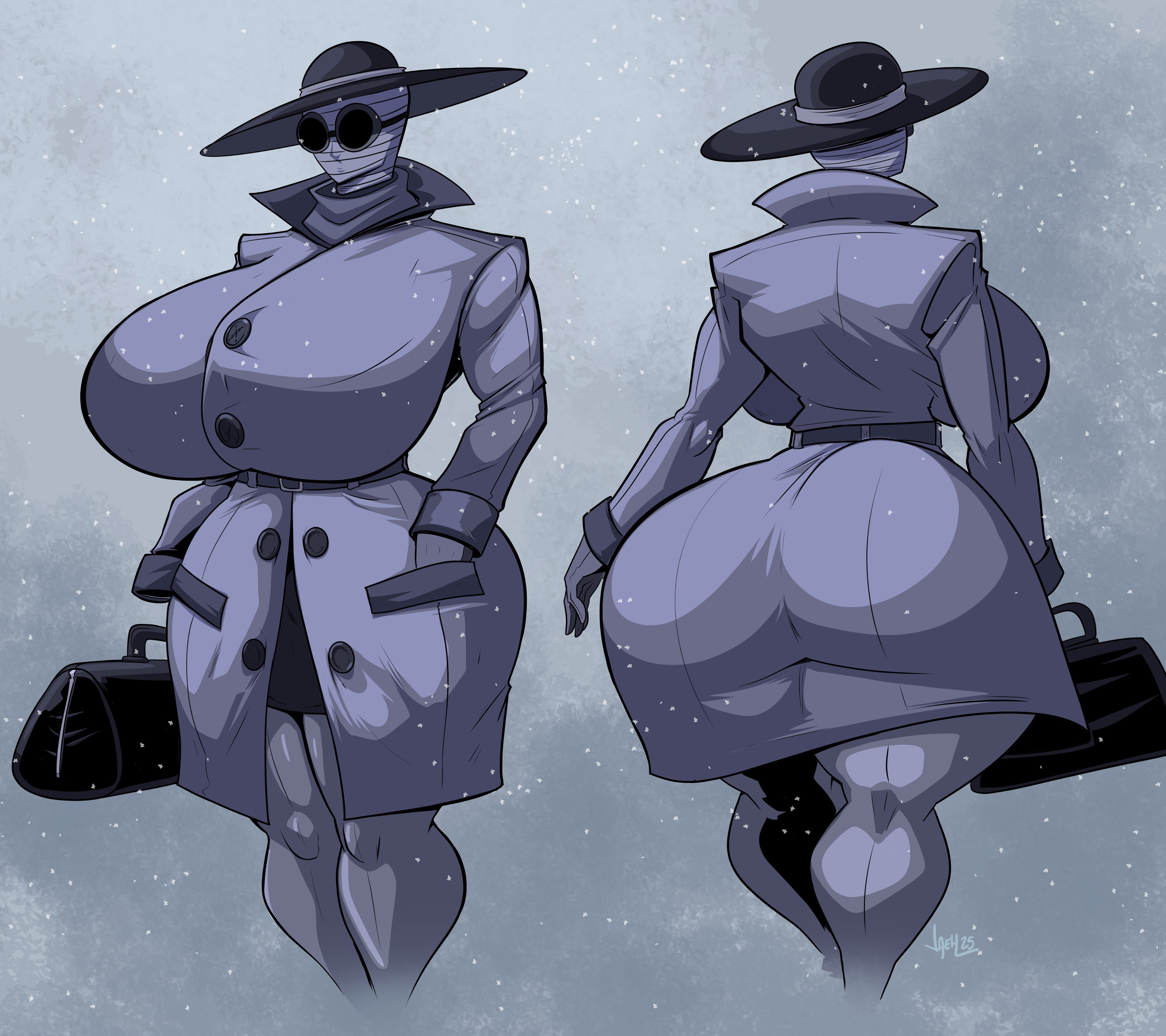 1girls, ass, bag, bandaged head, big ass, big breasts, breasts, bubble butt, busty, carrying bag, clothing, coat, fat ass, female, female only, glasses, hollow man, huge ass, huge breasts, invisible, invisible girl, jaeh, large ass, large breasts, leggings, rule 63, skirt, solo, thick ass, thick thighs, thunder thighs, wide hips