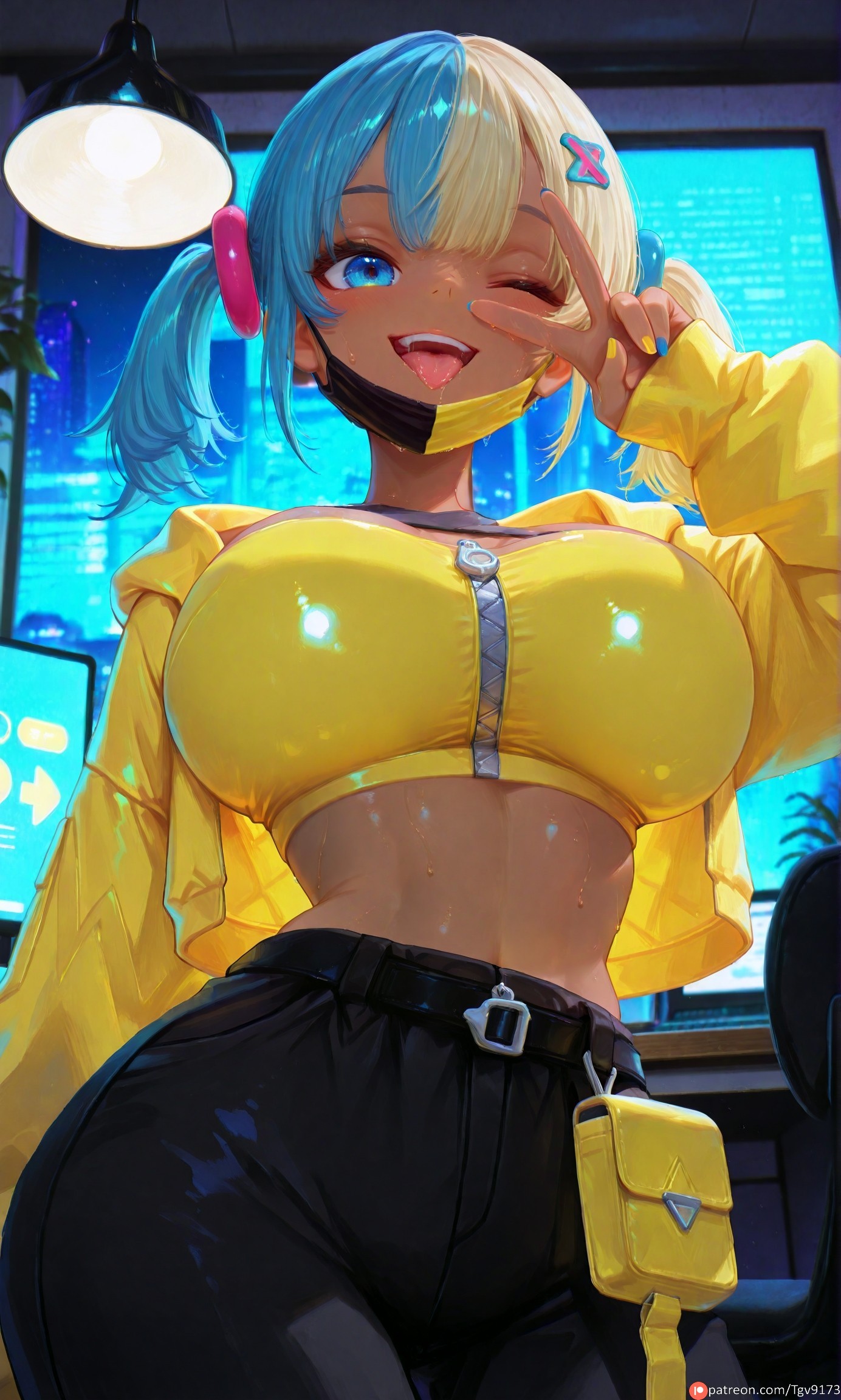 1girls, ai generated, bangs, belt, black pants, blue eyes, blue hair, breasts, canari (pokemon), canary (pokemon), crop top, cute, dark skin, dark-skinned female, female, hair ornament, hairclip, jacket, large breasts, long sleeves, looking at viewer, mask, mask pull, midriff, mouth mask, multicolored hair, nail polish, navel, one eye closed, open mouth, oral, pants, petite, pokemon, pokemon legends: z-a, side ponytail, slim, smile, solo, teeth, tgv9173, tongue, tongue out, twintails, two-tone hair, v, yellow jacket, yellow shirt