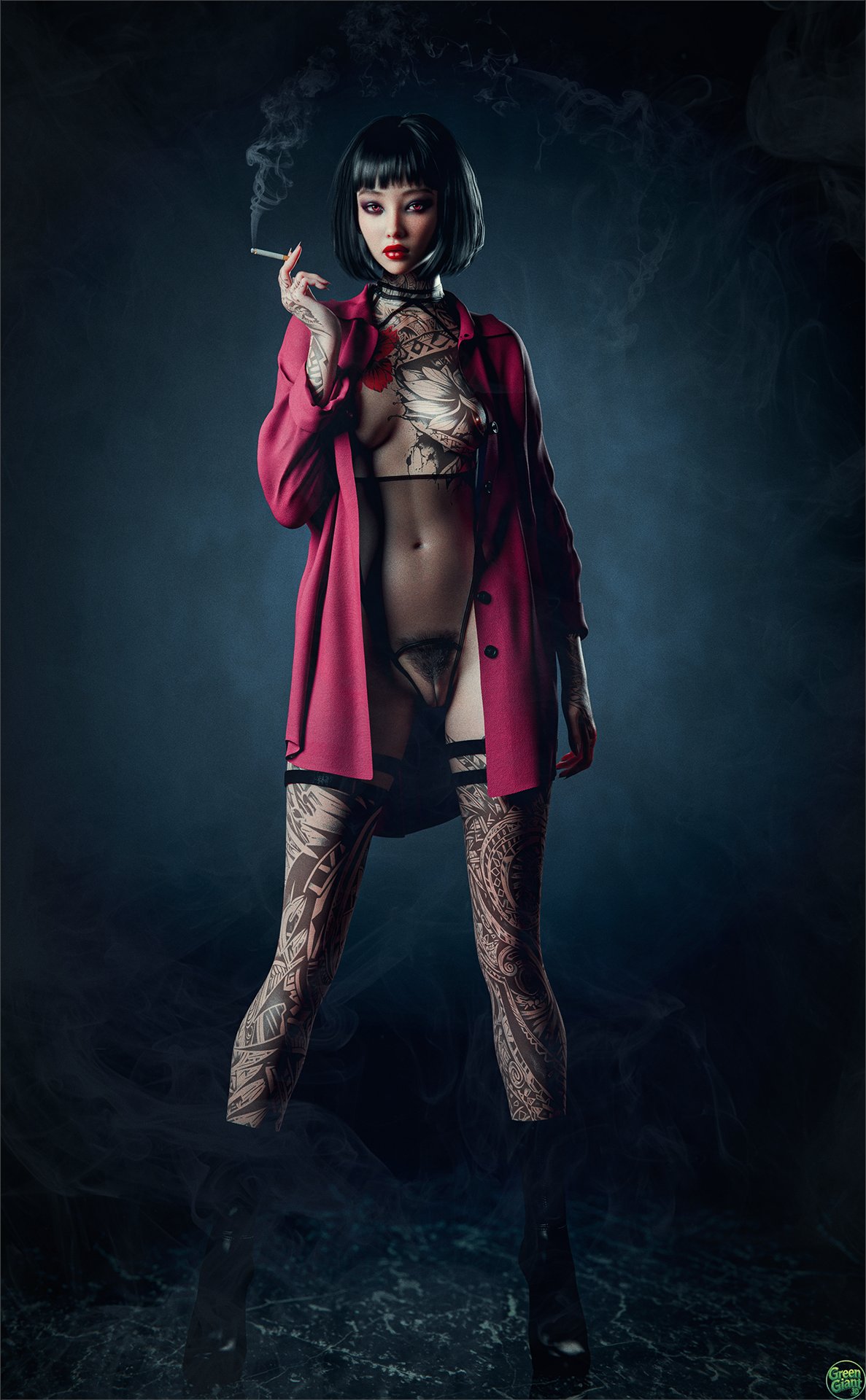 1girls, 2025, 3d, ankle boots, areolae, bob cut, boots, breastless clothes, breasts, cigarette, cigarette smoke, crotchless, crotchless leotard, dress jacket, eyeliner, eyeshadow, female, female only, female pubic hair, front view, full body, functionally nude, greengiant3d, hairy pussy, high heel boots, high heels, holding cigarette, innie pussy, jacket, legs apart, lipstick, long fingernails, looking at viewer, makeup, mascara, medium breasts, naked footwear, navel, navel visible through clothes, nipples, nude, nude female, original, original character, pink eyes, plump lips, pubic hair, pussy, pussy hair, red lipstick, simple background, smoking, smoking cigarette, solo, tattoo, tattoos, tattoos everywhere, thigh strap, thigh straps