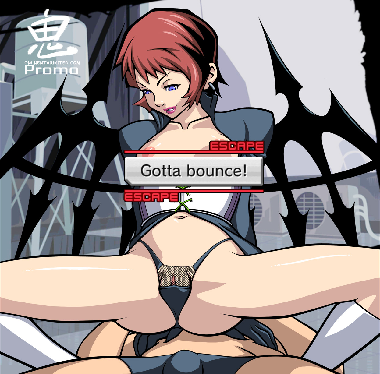 areolae, breasts, brown hair, censored, clit slip, convenient censoring, earrings, female, fishnet, male, nipple censor, oni (artist), panties, promo, reverse cowgirl position, see-through, short hair, smile, spread legs, the world ends with you, unseen male face, uzuki yashiro, wings, yashiro uzuki
