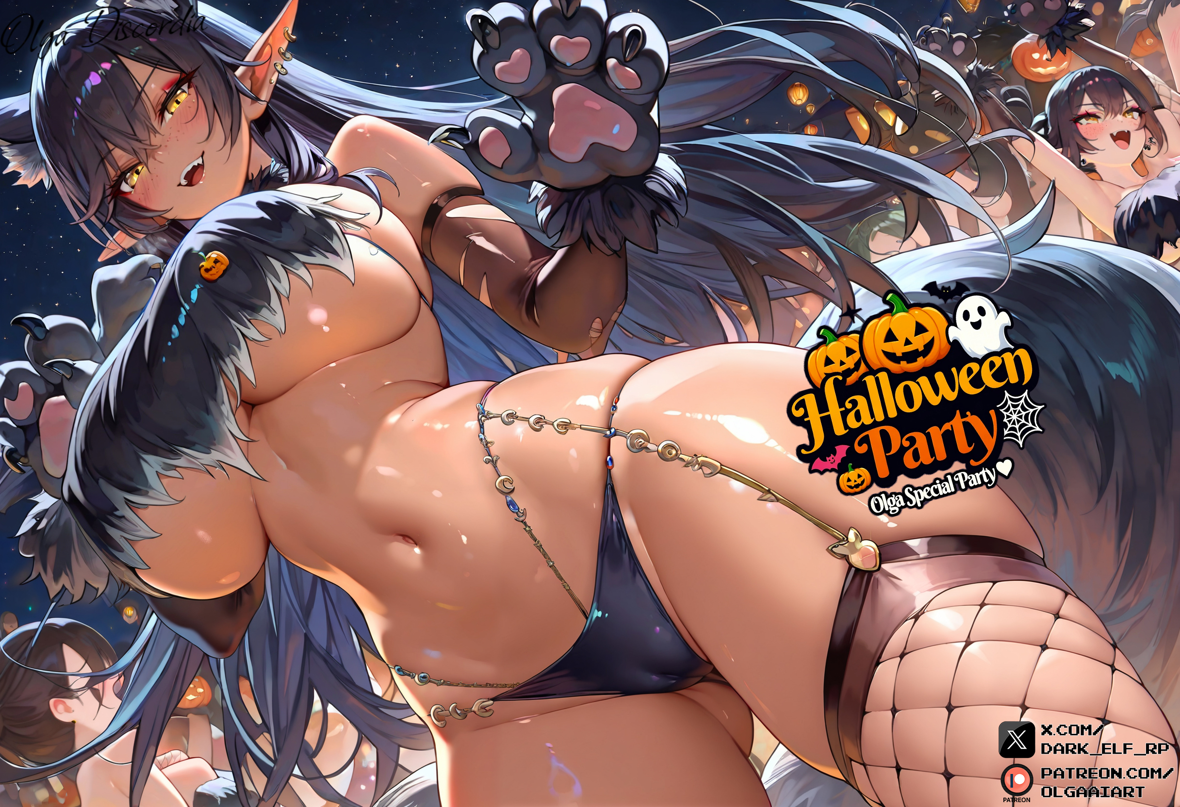 ai generated, breasts, breasts bigger than head, crown, dark elf, dark hair, dark skin, dark-skinned female, ebony, ebony female, elf, elf ears, elf female, elf girl, female, female focus, freckles, halloween, halloween costume, halloween decoration, halloween pumpkin, halloween theme, high quality, high resolution, highres, huge breasts, impossible clothes, jewelry, kuroinu ~kedakaki seijo wa hakudaku ni somaru~, large breasts, male, molested, multiple boys, multiple males, night, olga discordia, olgaaiart, party, patreon, patreon link, patreon logo, patreon url, patreon username, pierced ears, piercing, pointy ears, queen, self upload, sexy, sexy body, sexy clothing, sexy female, stunning, thicc, thicc thighs, thong, tiara, tits bigger than head, yellow eyes