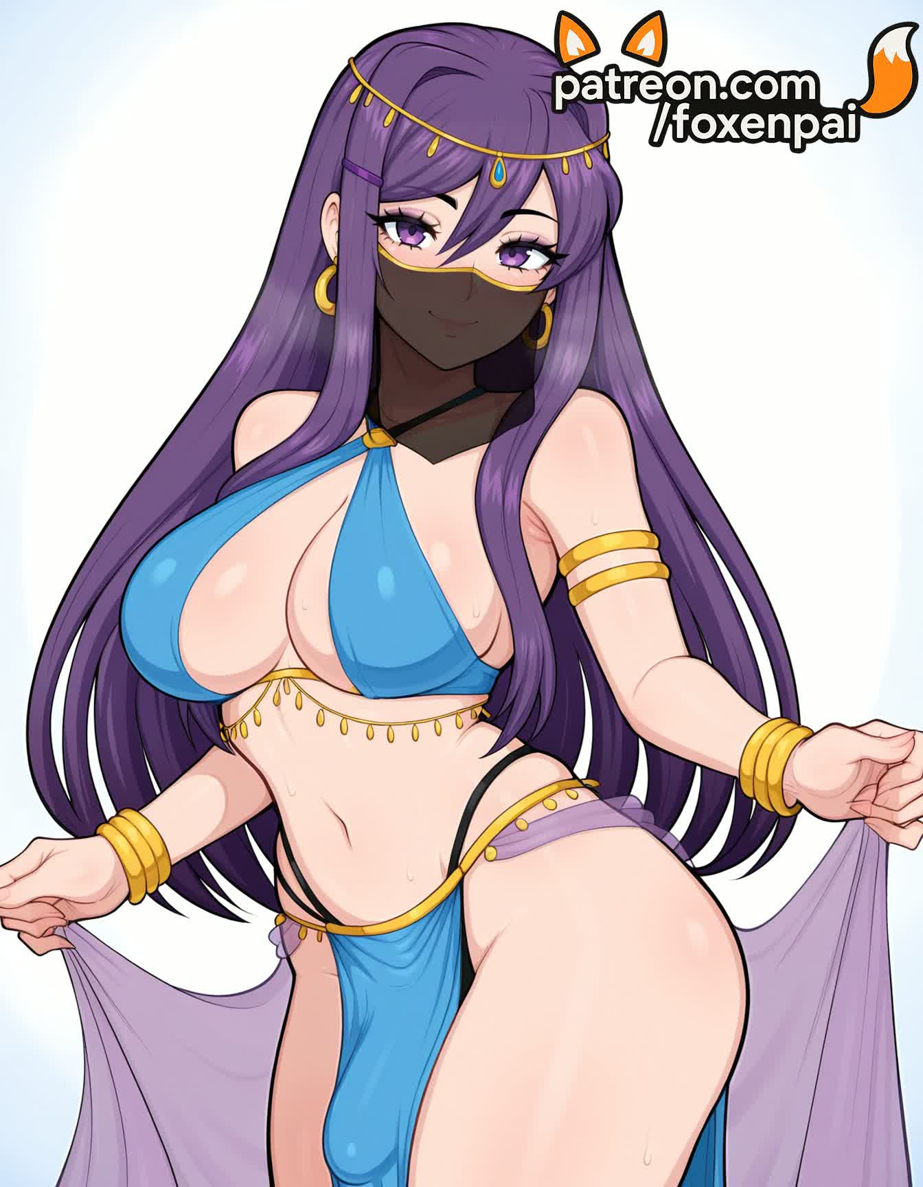 1futa, 2025, ai generated, armlet, artist name, bangle, bracelet, breasts, bulge, bust, chest, clothes lift, cock, dick, doki doki literature club, earrings, erection, foxenpai, futanari, hi res, high quality, high resolution, highres, hoop earrings, intersex, jewelry, lifted by self, long hair, looking at viewer, mouth veil, navel, patreon, patreon username, pelvic curtain, penis, purple eyes, purple hair, skirt hold, skirt lift, smile, solo, stable diffusion, veil, watermark, yuri (doki doki literature club)