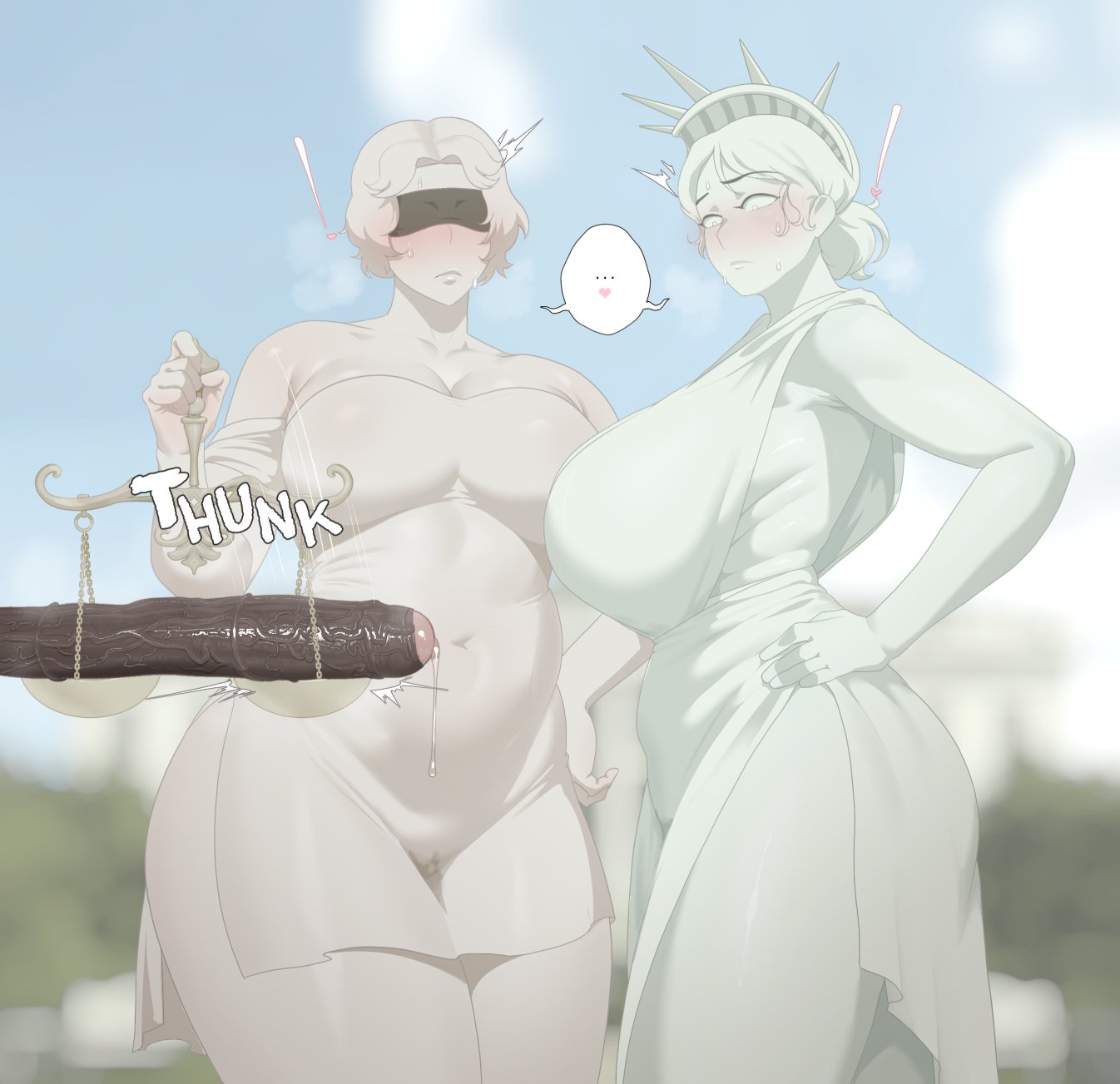 2025, 2girls, big breasts, big penis, blindfold, breasts, chubby, chubby female, dark-skinned male, dialogue, duplicate, english text, female, fine art parody, green skin, green-skinned female, hi res, high resolution, higher resolution available, highres, holding object, huge ass, huge breasts, huge cock, huge penis, imminent sex, lady justice, lady justice (statue), large breasts, large penis, light skin, light-skinned female, looking at penis, male, pale skin, pale-skinned female, penis, penis awe, pussy, real life, scale, society, soraoraora, statue, statue of justice, statue of liberty, text, thick thighs, turned on, veiny penis, wet pussy