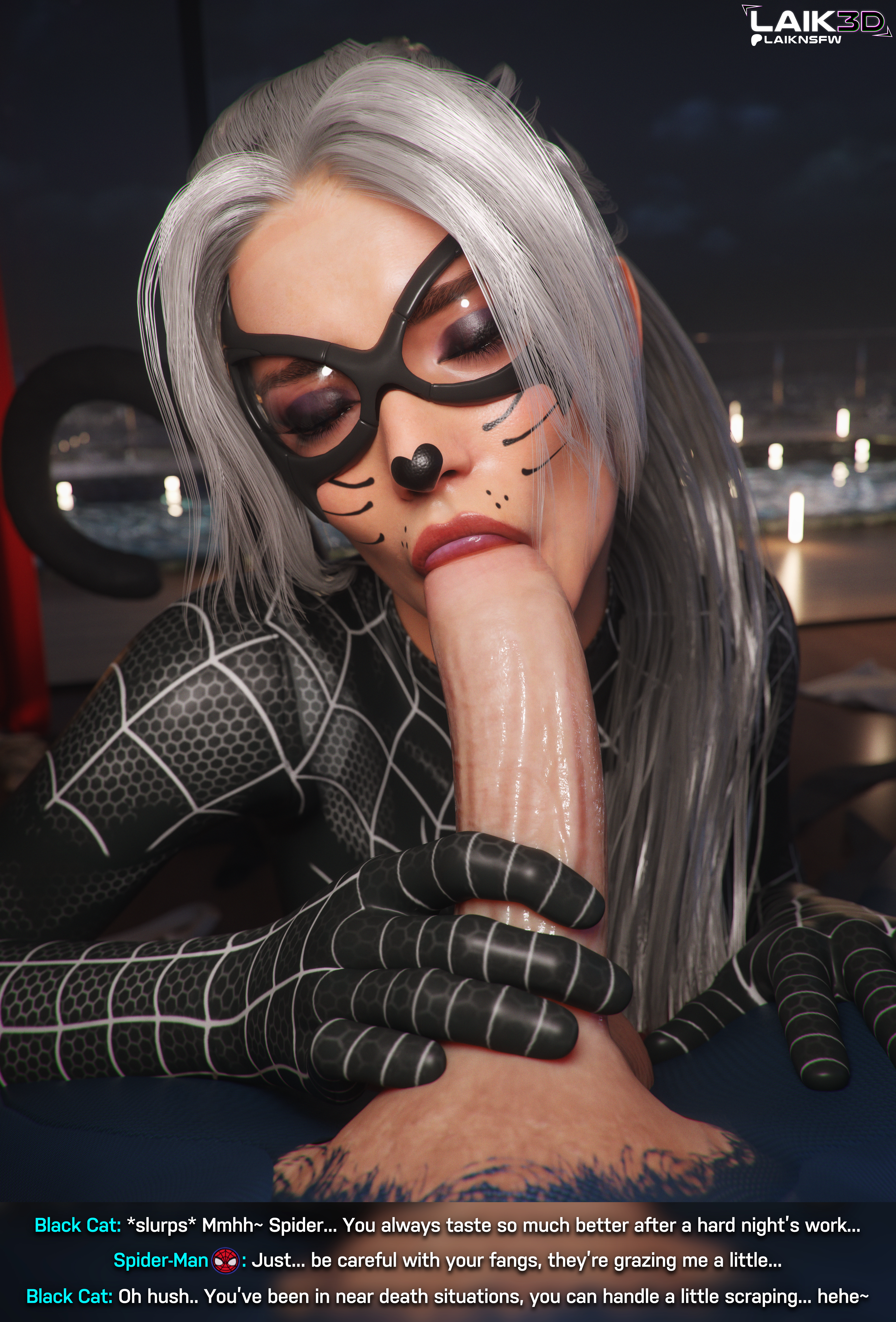 :>=, 1boy, 1boy1girl, 1girl1boy, 1girls, 2025, 3d, 3d (artwork), alluring, balls, big cock, big penis, black cat (insomniac), black cat (marvel), black nail polish, blowjob, blowjob face, blowjob gesture, bodysuit, city background, cock, cock in mouth, cock worship, comic, comic page, comic panel, cosplay, costume, couple, couple (romantic), couple sex, couples, domino mask, enticing, eyeshadow, felicia hardy, female, halloween, halloween costume, hand on cock, hand on penis, high quality, high resolution, highres, itslaiknsfw, laik3d, laiknsfw, licking, licking cock, licking penis, light skin, light-skinned female, light-skinned male, looking at viewer, makeup, male, male/female, marvel, marvel comics, mask, masked, masked female, nail polish, night, penis, penis in mouth, peter parker, ponytail, romantic, romantic couple, romantic sex, seducing, seductive, seductive look, skin tight, spider-man, spider-man (insomniac series), spider-man (insomniac), spider-man (series), spider-man 2 (ps5), spider-woman (cosplay), squatting, straight, sucking, sucking penis, suit, superhero, superhero couple, superheroine, teasing, teasing viewer, temptation, tempting, tempting viewer, testicles, text, tight clothes, tight fit, unseen male face, voluptuous, voluptuous female, white hair
