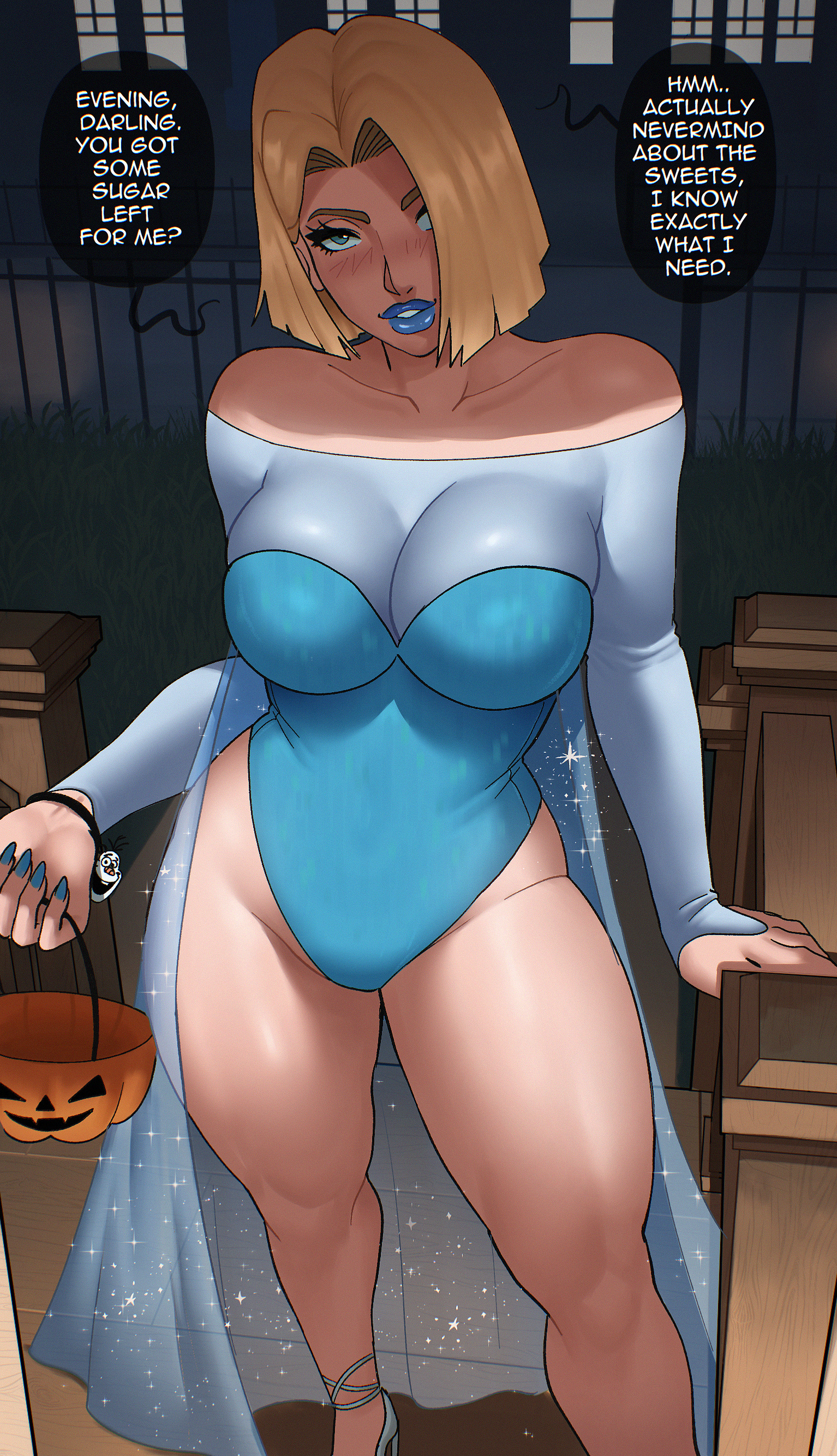 1girls, big breasts, blonde hair, blue dress, blue eyes, blue lipstick, blue nails, breasts, clothing, cosplay, costume, echosaber, elsa (cosplay), emma frost, emma frost (marvel rivals), fat breasts, female, female only, frozen (film), halloween, halloween costume, high heels, imminent sex, large breasts, legs, lipstick, makeup, marvel, marvel comics, marvel rivals, netease games, olaf (frozen), porch, short hair, solo, solo female, speech bubble, talking to viewer, thick thighs, thighs, x-men