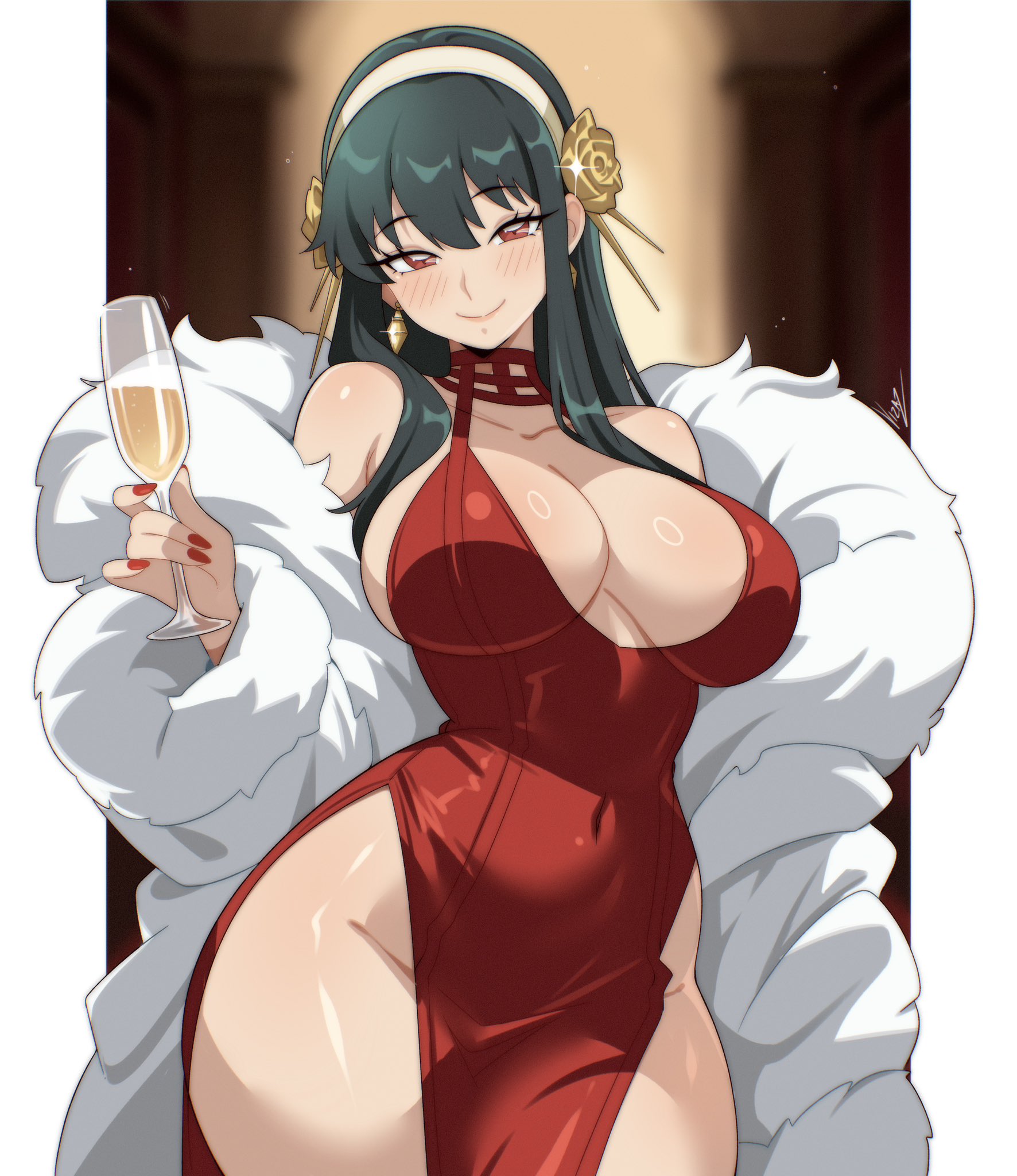 1girls, assassin, bare shoulders, black hair, border, breasts, brown background, champagne flute, closed mouth, coat, commentary, covered navel, cup, dress, drink, drinking glass, english commentary, female, female only, fur coat, hairband, highres, holding, holding drink, hourglass figure, human, human female, large breasts, light-skinned female, long hair, looking at viewer, mature female, open clothes, open coat, outside border, pelvic curtain, pillarboxed, red dress, red eyes, red nails, signature, sleeveless, sleeveless dress, slim waist, smile, solo, spy x family, standing, thick thighs, thorn princess, vizaz, white border, white coat, white hairband, wide hips, yor briar, yor forger