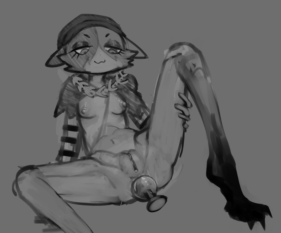 1girls, anal, areolae, boobs, breasts, buttplug, calico cat, cat ears, cat tail, catgirl, collar, dddoodles, eyelashes, fortnite, furry, greyscale, hat, meow skulls (fortnite), nipples, partially clothed, plug (sex toy), pussy, simple background, thin, thin female, three-tone hair