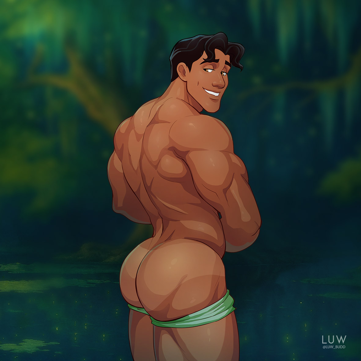 1boy, artist name, ass, back, bara, big ass, big ass (male), big butt, big butt (male), dark skin, dark-skinned male, disney, gay, luw budd/rocket luw, male, male focus, male only, muscular, muscular arms, muscular back, muscular male, prince naveen, solo, solo male, text, the princess and the frog, underwear, underwear down, yaoi