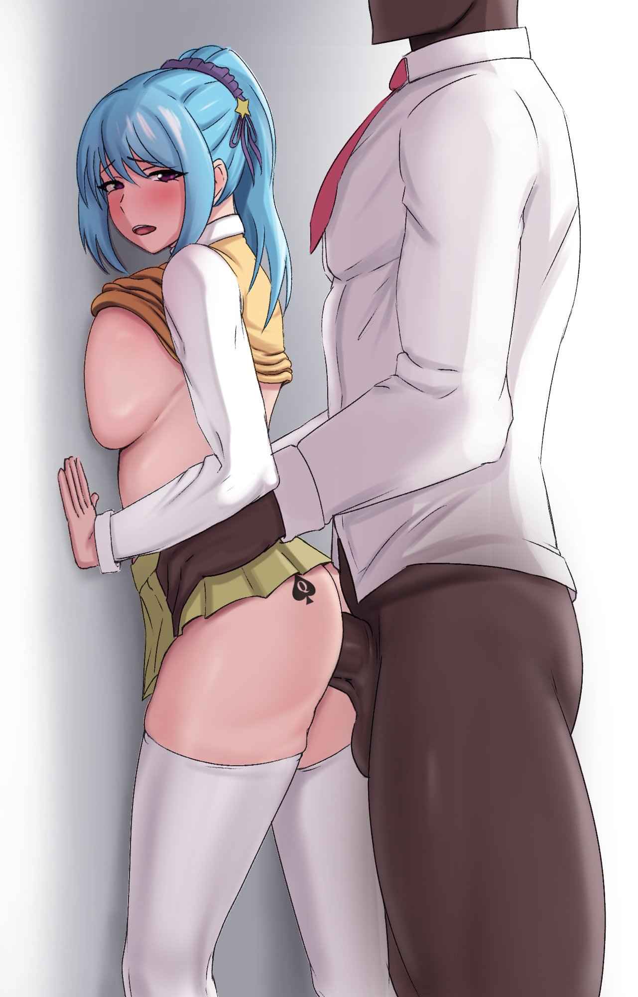 1boy, 1girls, against wall, blue hair, blush, breasts, dark skin, dark-skinned male, female, huge breasts, interracial, kurono kurumu, light skin, light-skinned female, male, open mouth, penetration, penis, phantomicious, ponytail, purple eyes, pussy, queen of spades, rosario+vampire, sex, spade tattoo, tattoo, vaginal penetration