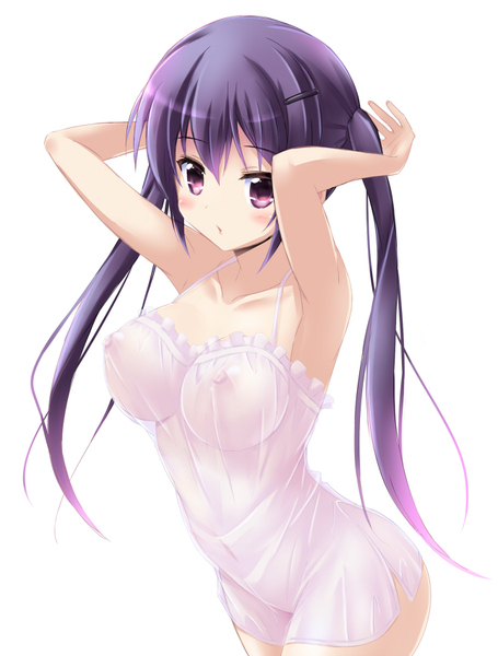 armpits arms_up blush breasts female female_only hair_ornament hairclip human is_the_order_a_rabbit? large_breasts long_hair looking_at_viewer navel nightgown nipples no_bra no_panties purple_eyes purple_hair riki_(archf) rize_tedeza see-through simple_background solo tied_hair twintails uncensored white_background