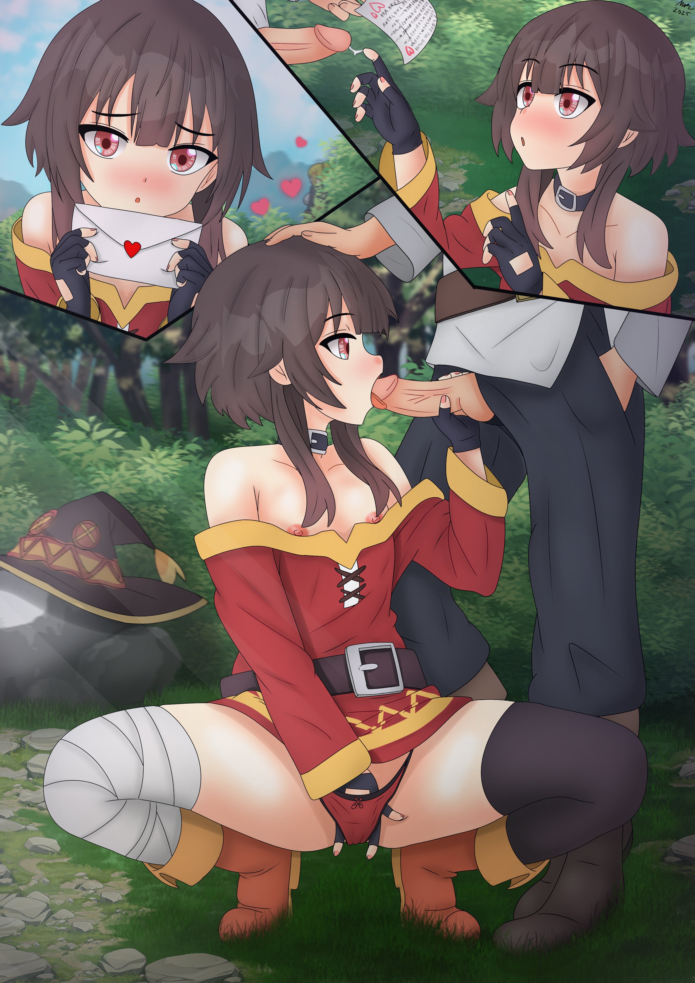 1boy, 1girls, 2025, absurd res, areolae, bandage, bandaged leg, belt choker, blowjob, brown hair, choker, fellatio, female, female focus, fingerless gloves, flat chest, heart, kaschmatz, kono subarashii sekai ni shukufuku wo!, love letter, male, masturbating during fellatio, masturbation, megumin, nipples, one thighhigh, oral, outdoors, panties, penis, penis grab, red eyes, satou kazuma, squatting, thighhighs