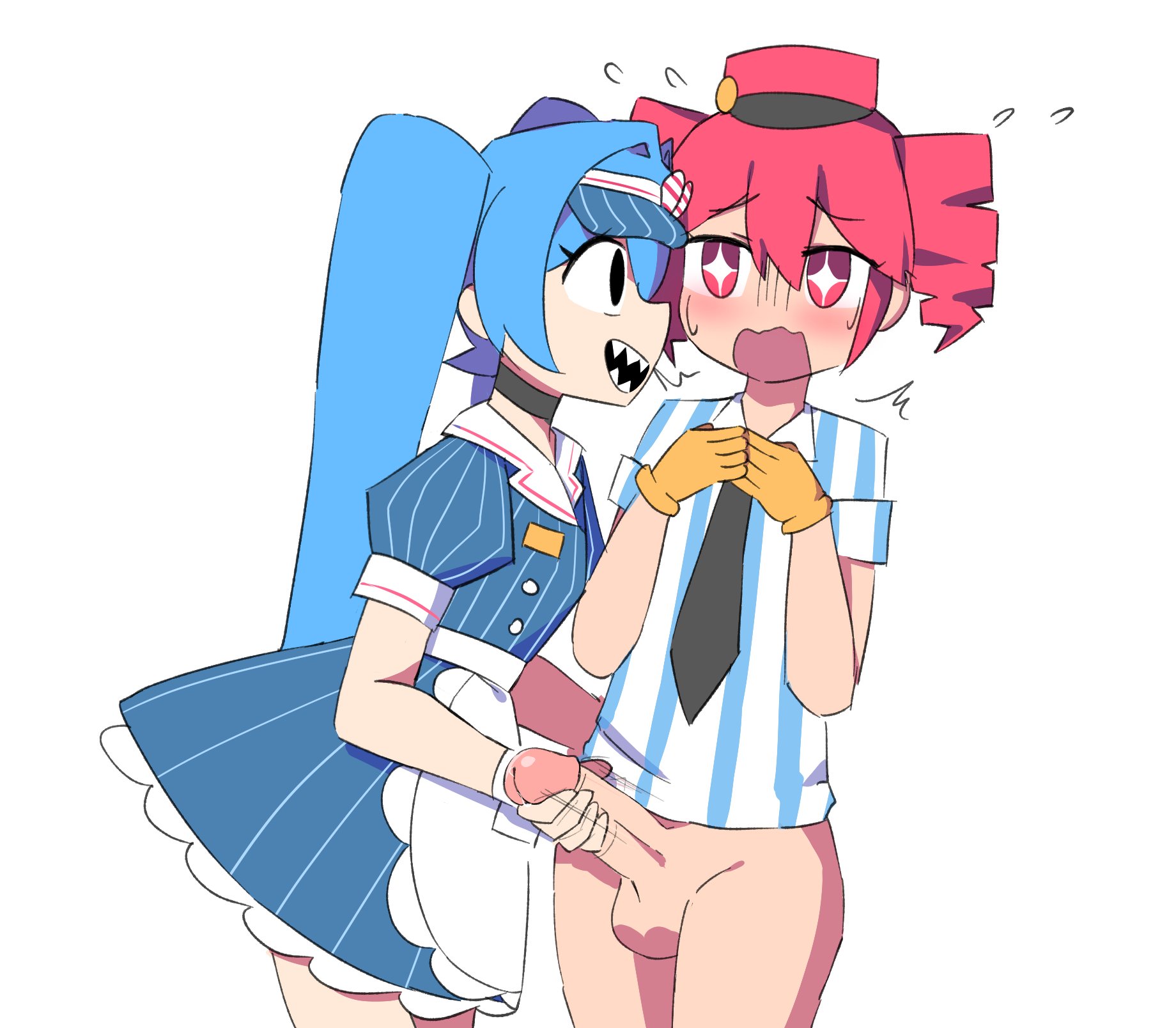 + +, 1boy, 1girl, 2025, 2girls, apron, big penis, black choker, black eyes, blue hair, blush, bottomless, choker, dress, drill hair, erection, female, flying sweatdrops, futa with female, futanari, gloved handjob, gloves, handjob, hat, hatsune miku, hetero, intersex, kasane teto, long hair, mesmerizer (vocaloid), mesmerizer miku, mesmerizer teto, multiple girls, necktie, open mouth, penis, red eyes, red hair, ruw ruler, sharp teeth, shirt, short sleeves, simple background, smile, striped, tea blz, teeth, testicles, twin drills, twintails, uncensored, uniform, utau, vertical stripes, visor cap, vocaloid, waist apron, white background