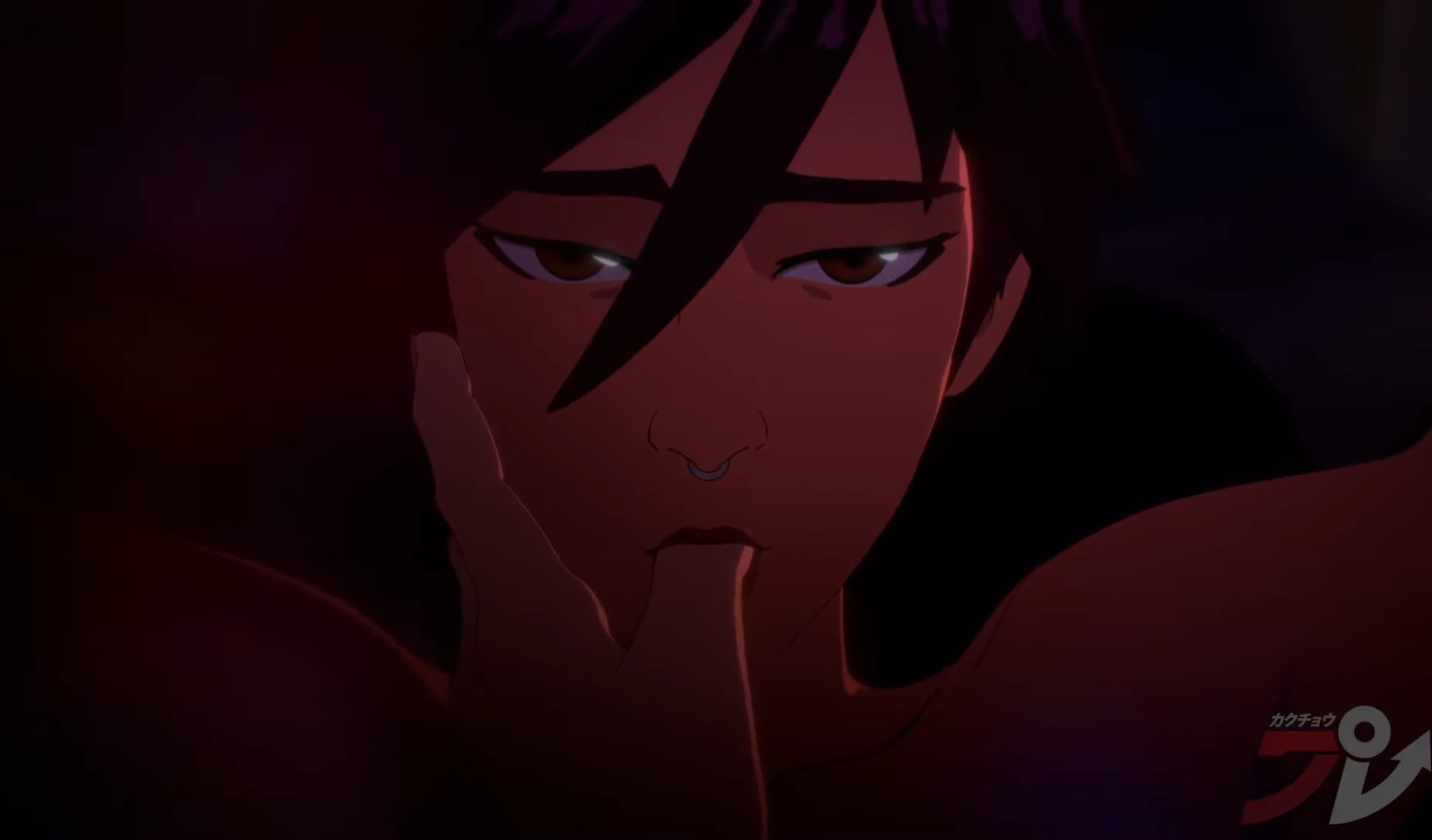 1female, 1girls, 2025, 2d, adhoc studio, courtney (dispatch), cropped image, dispatch (game), female, finger in mouth, invisigal, kinky, looking at viewer, nose piercing, nose ring, official art, robert robertson, screencap, seductive, seductive eyes, sucking, sucking thumb, tomboy, video game, video game character, young female