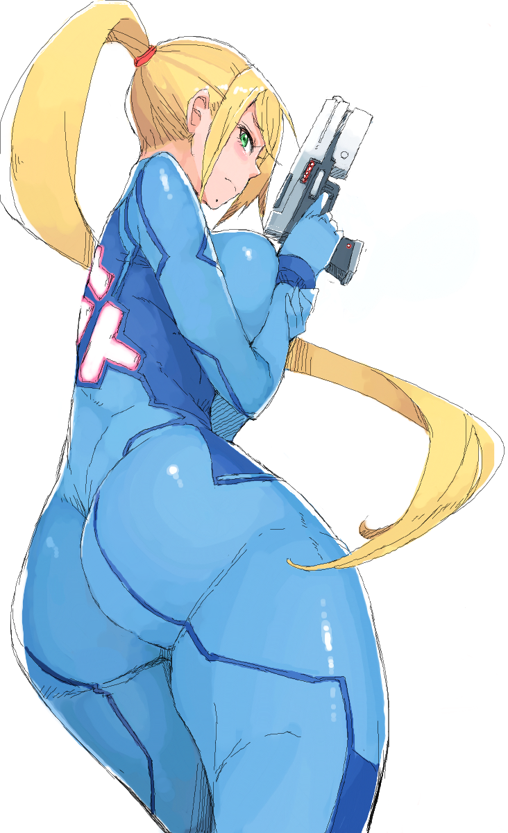 angelo_(gomahangetsu) ass ass_focus beauty_mark blonde_hair bodysuit female female_only green_eyes gun human metroid mole nintendo ponytail samus_aran solo tied_hair tight_clothes weapon whooosaku zero_suit zero_suit_samus