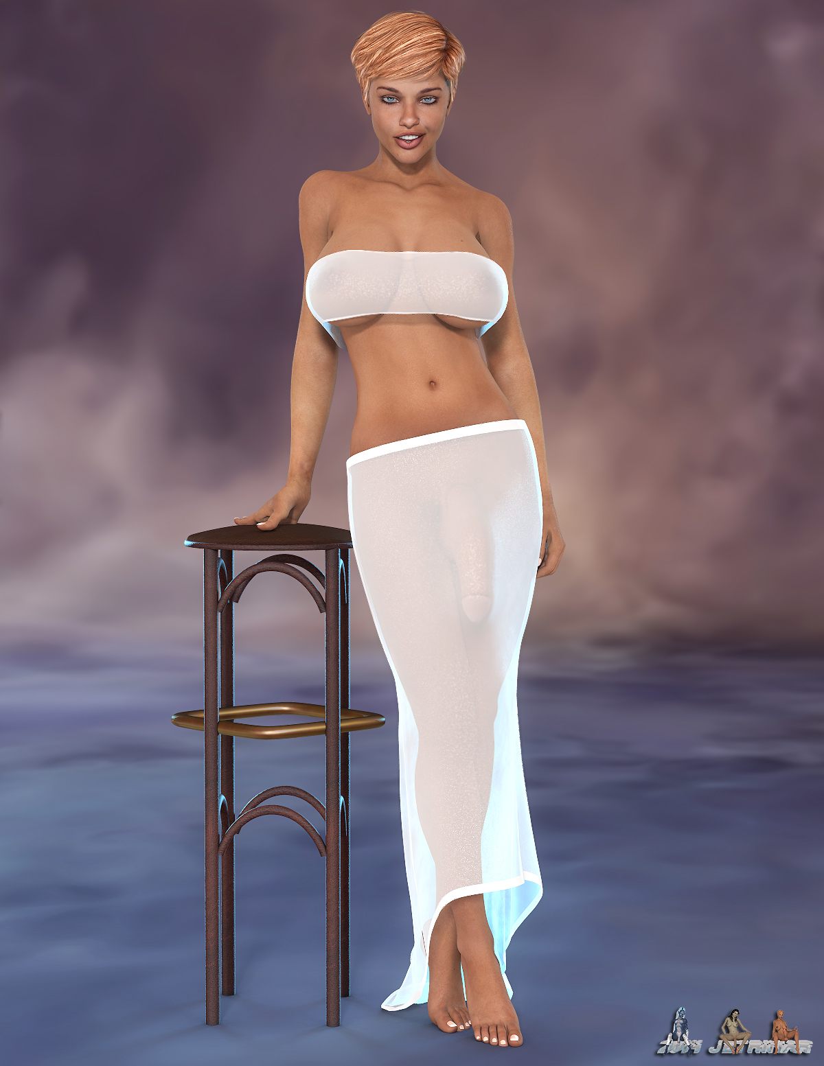 1futa, 3d, barefoot, blonde hair, blue eyes, breasts, feet, flaccid, futa only, futanari, hair, intersex, jbtrimar, large breasts, navel, nipples, penis, see-through, short hair, solo, standing, toenail polish