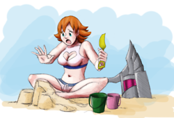 1girls boob_window bucket cleavage_cutout cleavage_window female female_only hammer heart_cutout lingerie orange_hair sandcastle short_hair sitting sitting_indian_style swimsuit tagme