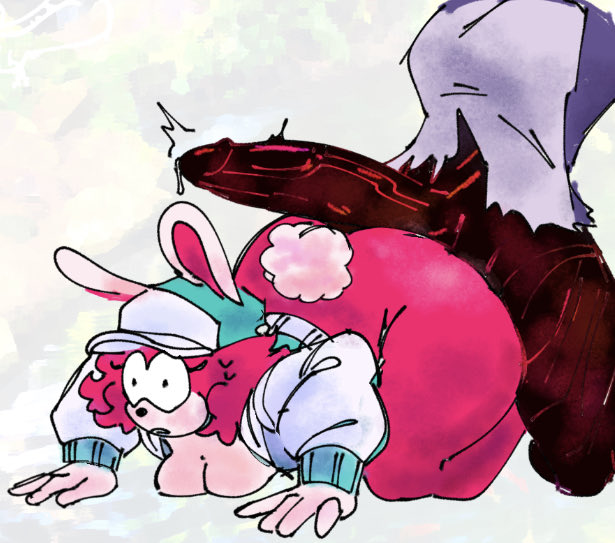 apple whore, asset (fanon), bent over, blue hat, blue jacket, breasts, breasts on ground, bunny ears, bunny tail, dark skin, dark-skinned male, detailed background, fanon horrors unknown, fanon skarlet, fat ass, female, friday night funkin, friday night funkin mod, furry, furry female, furry only, graffiti groovin', hands on ground, imminent sex, male, monster cock, monster on female, monster on humanoid, official art, penis, pink fur, precum, precum drip, precum on penis, puffy hair, purple fur, skarlet bunny, small breasts, small pupils, sonic.exe (series), sweat, sweatdrop, thick thighs, veiny, veiny penis, white background, white jacket, wide eyed, worried, worried expression, worried look