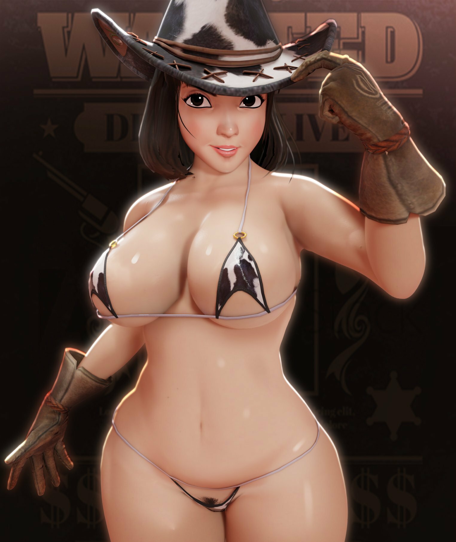 1girls, 3d, big breasts, bikini, black eyes, blush, bovine, breasts, brown hair, bunny ayumi, child bearing hips, cow print, cow print bikini, cowboy hat, cowgirl, crisisbeat, curvy, english text, female, gloves, light skin, light-skinned female, looking at viewer, navel, pinup, pubic hair, pubic hair peek, real person, short hair, shoulder length hair, skimpy, skimpy bikini, smile, solo, standing, thick thighs, tummy, twitch, twitch.tv, twitter, wanted poster, wide hips