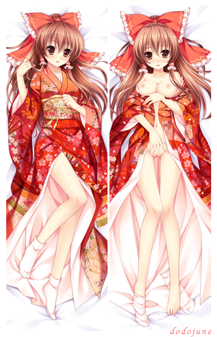 adjusting_hair blush bow breasts breasts_out brown_eyes brown_hair dakimakura dodojune female female_only floral_print hair_tubes hairbow human japanese_clothes kimono long_hair looking_at_viewer lying medium_breasts multiple_views nipples no_bra no_panties on_back open_clothes open_kimono pussy reimu_hakurei sock_dangle solo tabi touhou