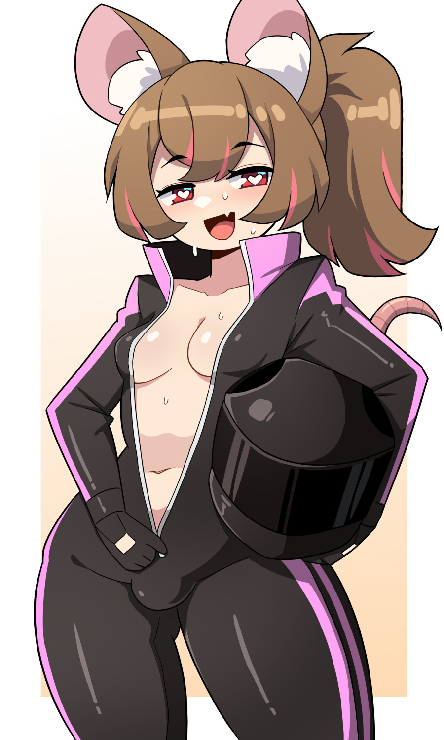 1futa, bikesuit, bodysuit, breasts, brown hair, bulge, commission, futa only, futanari, heart-shaped pupils, hi res, highlights (coloring), inner sideboob, intersex, j5daigada, long hair, looking at viewer, motorcycle helmet, mouse ears, mouse humanoid, mouse tail, open mouth, pink highlights, ponytail, red eyes, small breasts, smiling, smiling at viewer, solo, sweat, tail, unzipped, unzipped bodysuit