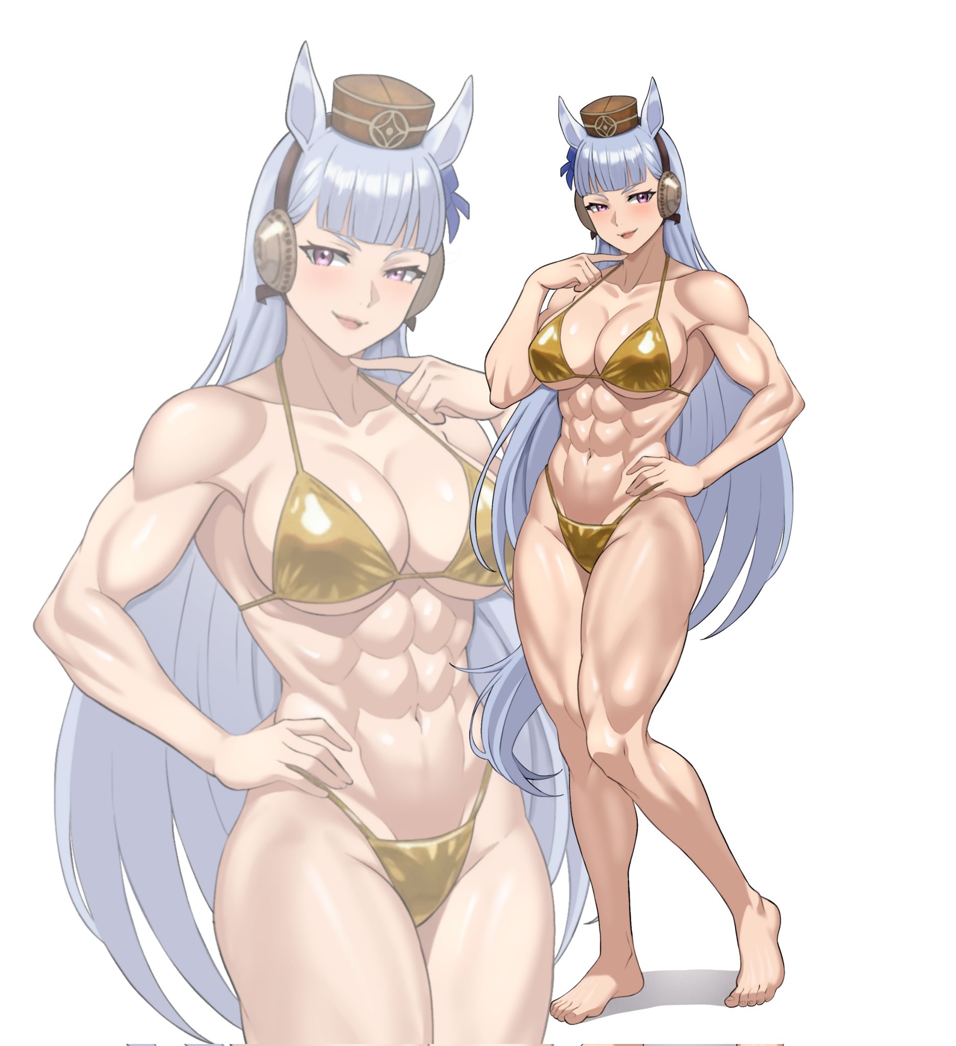 1girls, abs, animal ears, bikini, breasts, crimsomxmuse, female, gold ship (umamusume), golden bikini, hi res, horse ears, large breasts, long hair, muscular, muscular female, purple eyes, simple background, swimsuit, umamusume, very long hair, white background, white hair