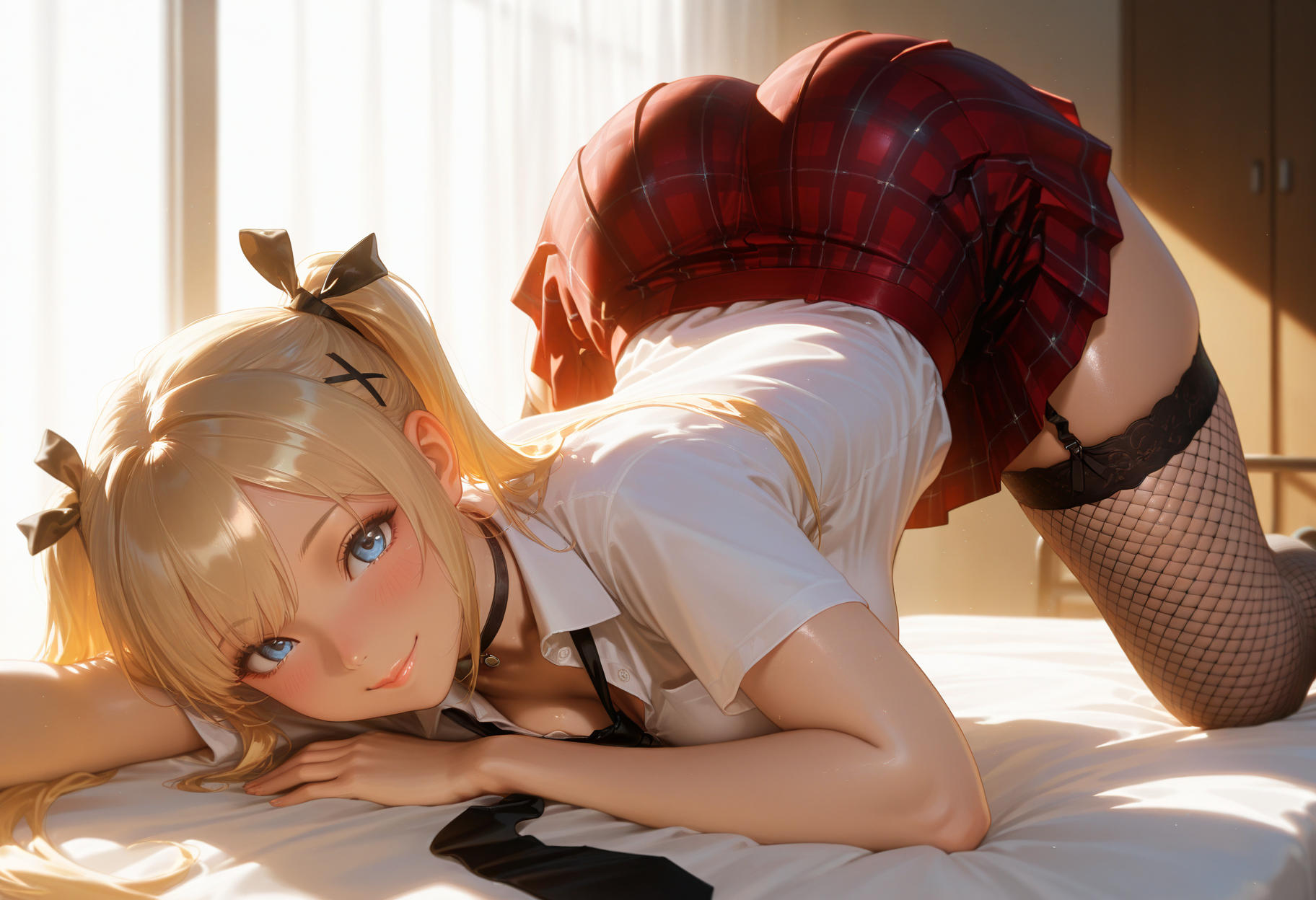 1girls, ai generated, all fours, ass, bed, black choker, black necktie, black ribbon, black thighhighs, blonde hair, blue eyes, blush, breasts, choker, closed mouth, collared shirt, dead or alive, dead or alive 5, dead or alive 5 last round, dead or alive 6, female, fishnet thighhighs, fishnets, garter straps, hair ornament, hair ribbon, indoors, lips, long hair, looking at viewer, loose necktie, marie rose, meitabuu, necktie, on bed, plaid, plaid skirt, pleated skirt, red skirt, ribbon, school uniform, shirt, short sleeves, skirt, smile, solo, thighhighs, top-down bottom-up, twintails, white shirt, x hair ornament