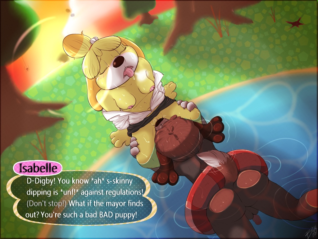 1boy 1boy1girl 1girls animal_crossing ass big_butt big_thighs blush bourbon_(artist) breasts brother_and_sister chubby claws closed_eyes clothing cunnilingus digby_(animal_crossing) floatation_device incest isabelle_(animal_crossing) nintendo opposite_sex_twins oral oral_sex outside penis pond public sex sibling sunset swimming text video_games