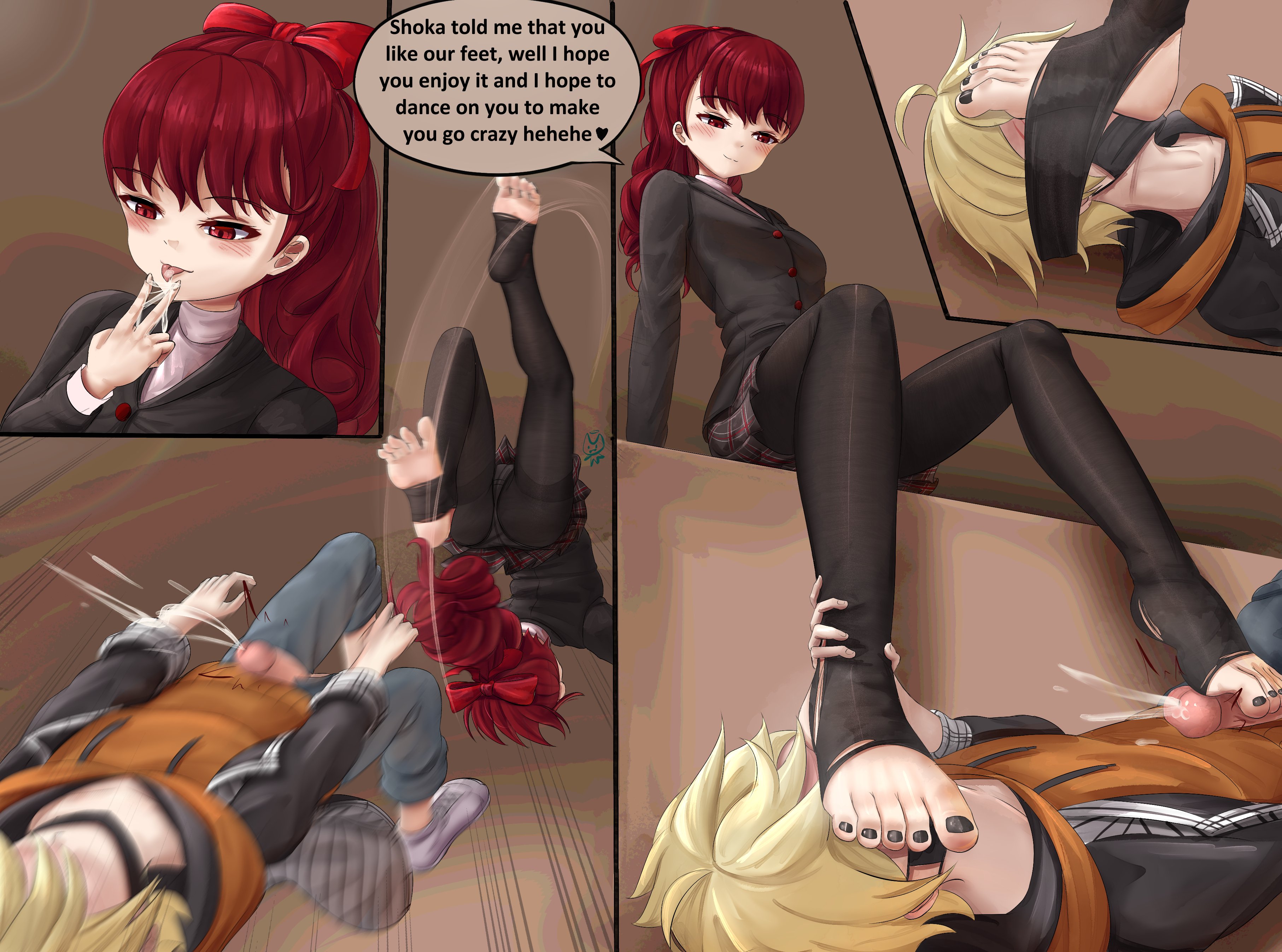 2025, backflip, balls, blonde hair, commission, cum, cumshot, cursedcito, ejaculation, english text, erection, feet, feet on penis, female, foot fetish, footjob, footjob with legwear, kanade rindou, kicking balls, kicking penis, licking cum, male, neo: the world ends with you, penis, persona, persona 5, red eyes, red hair, rindo kanade, sniffing, sniffing feet, speech bubble, sumire yoshizawa, the world ends with you, toeless legwear, toenail polish, toes, tongue out, uncensored