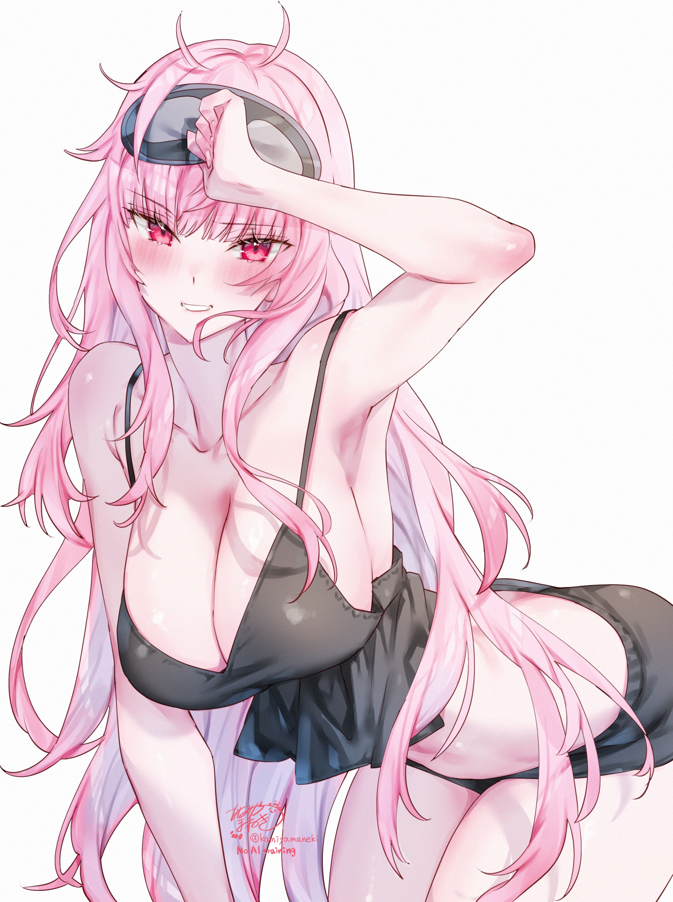absurdres, artist name, bare shoulders, bent over, black mask, black nightgown, black shorts, blush, breasts, cleavage, collarbone, commentary request, female, grin, highres, hololive, hololive english, hololive myth, huge breasts, kamiya maneki, long hair, looking at viewer, mask, mask on head, mori calliope, nightgown, pink eyes, pink hair, shorts, signature, simple background, sleep mask, smile, solo, thighs, twitter username, virtual youtuber, white background