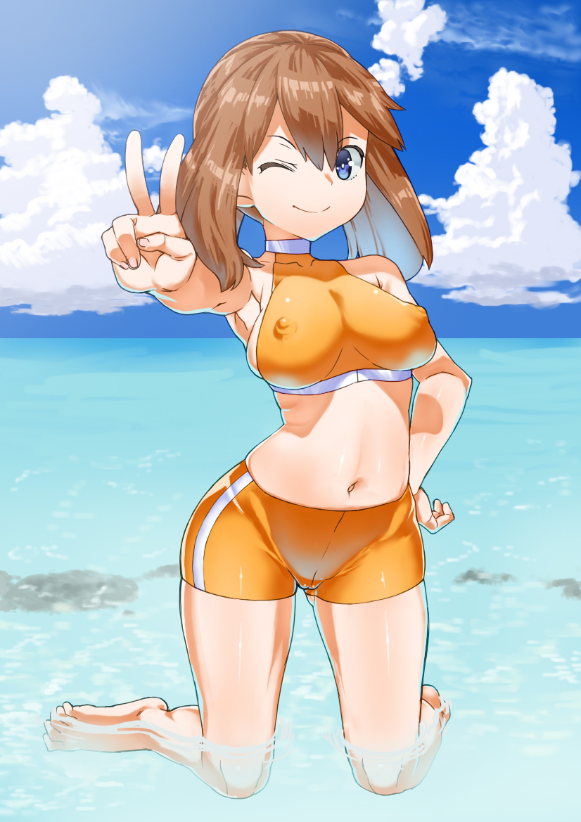 beach, blue eyes, breasts, brown hair, cameltoe, erect nipples, female, female only, human, human only, large breasts, may (pokemon), navel, nipples, pokemon, pussy, short hair, sideboob, skin tight, sky, smile, solo, swimsuit, toranoe