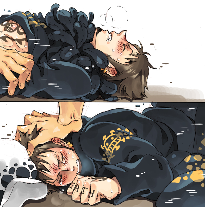 anal, anal sex, bigger dom, clenched hand, crying, donquixote doflamingo, gay, jacket, male, male only, male rape victim, multiple boys, multiple males, multiple views, one piece, panting, restrained, size difference, tattoo, tears, trafalgar law, yaoi