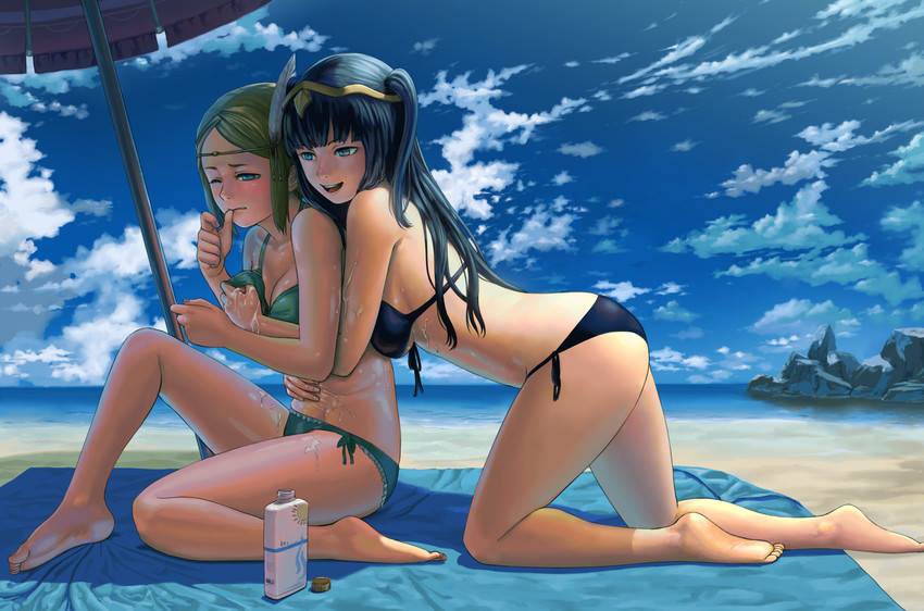2girls, beach, bikini, black hair, breast grab, breasts, brown hair, circlet, cleavage, female, female only, fire emblem, fire emblem awakening, grope, incest, large breasts, lasterk, lesbian, mother and daughter, noire (fire emblem), sunscreen, swimsuit, tharja (fire emblem), yuri