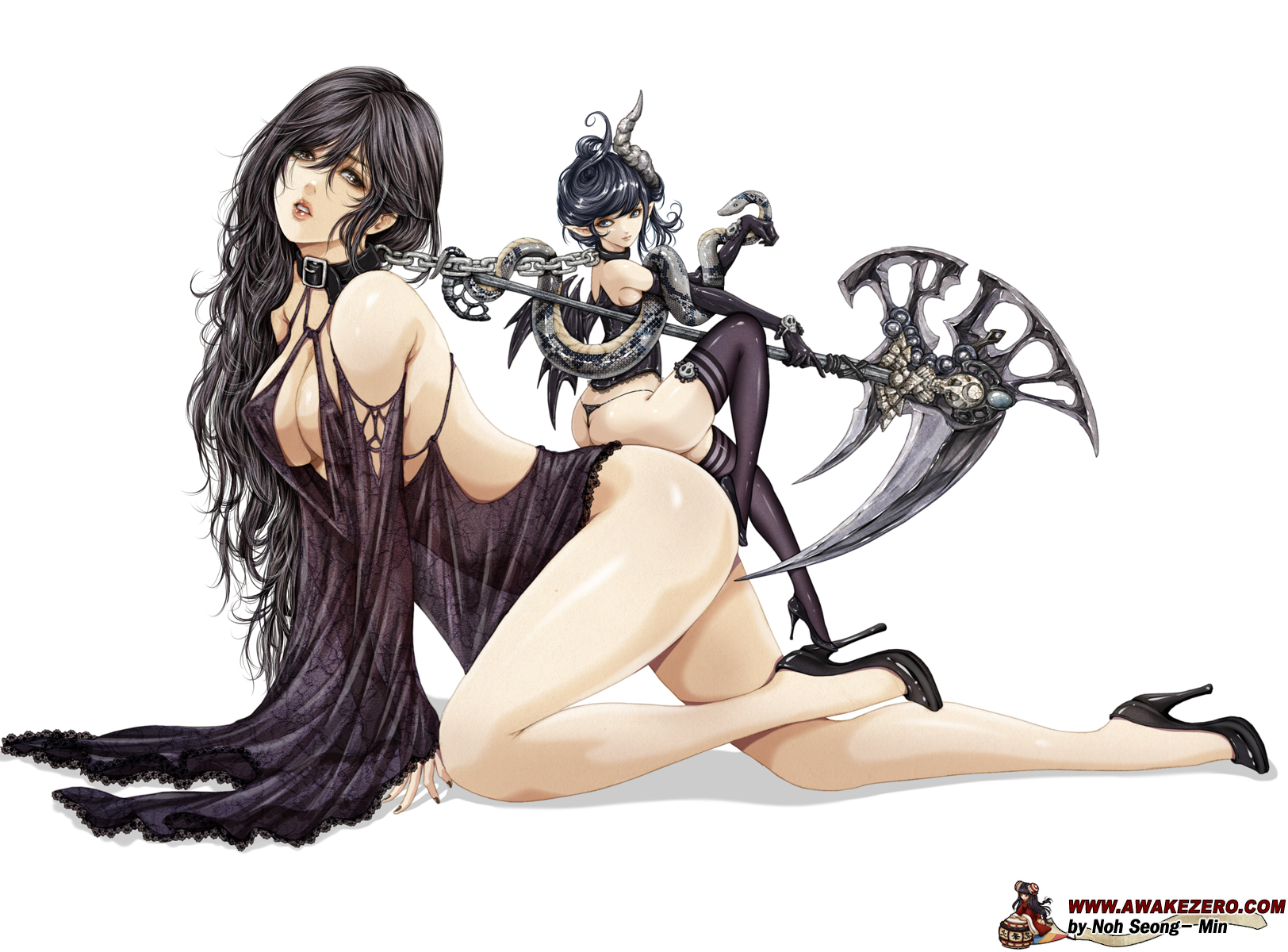 2girls, all fours, bdsm, bell sleeves, big sub, big sub small dom, big sub small top, bigger sub, black hair, blue eyes, blue hair, bondage, breasts, brown eyes, chains, collar, demon, demon girl, elbow gloves, erect nipples, female, femdom, giantess, gloves, goth, goth girl, gothic, gothic girl, heels, highres, horns, larger sub, larger sub smaller dom, leash, lingerie, long hair, multiple females, multiple girls, nipples, noh seong-min, original, pale skin, pointy ears, scythe, size difference, slave, small dom big sub, smaller dom, smaller dom larger sub, smaller dominant, smaller domination, snake, underwear, watermark, white background, wings, yuri
