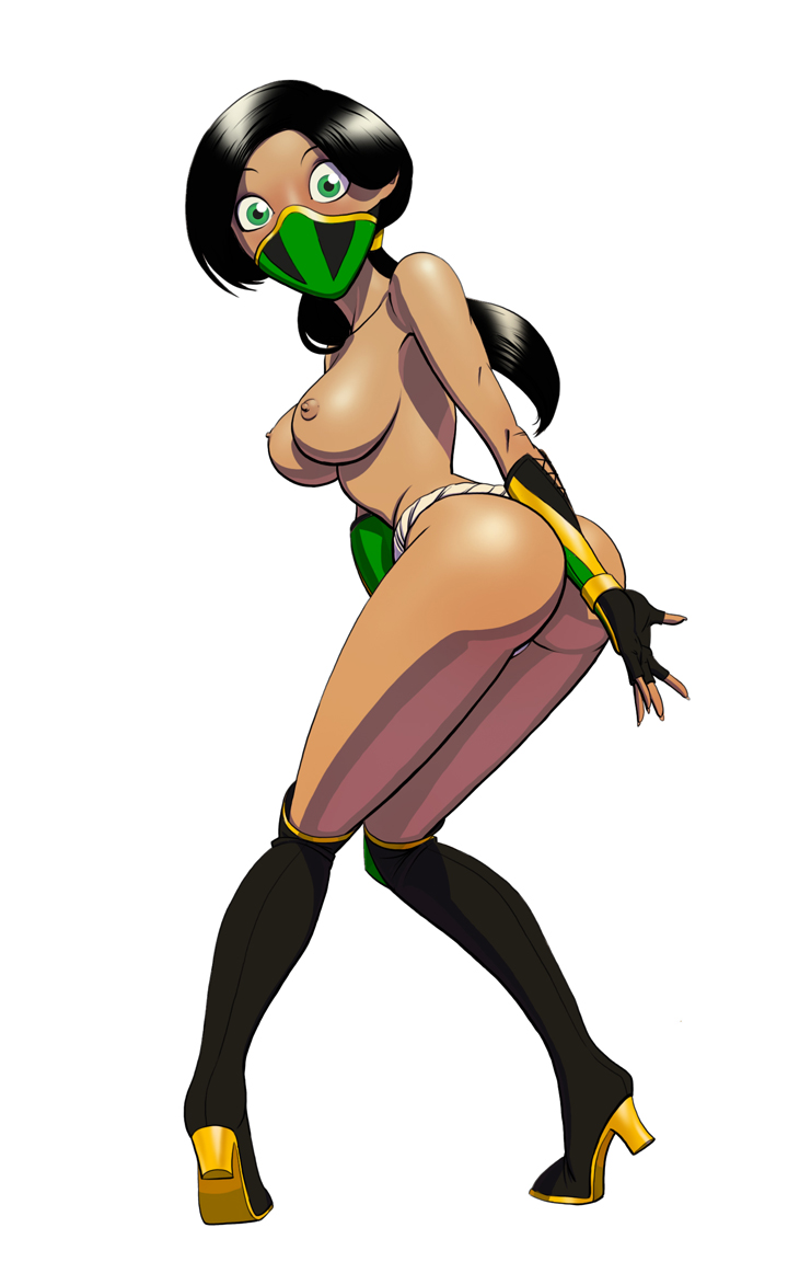 2d ass black_hair boots breasts dark-skinned_female dark_skin female female_only fingerless_gloves gao23 gloves green_eyes jade_(mortal_kombat) long_hair looking_at_viewer mask mortal_kombat nipples simple_background solo standing tiptoes topless white_background