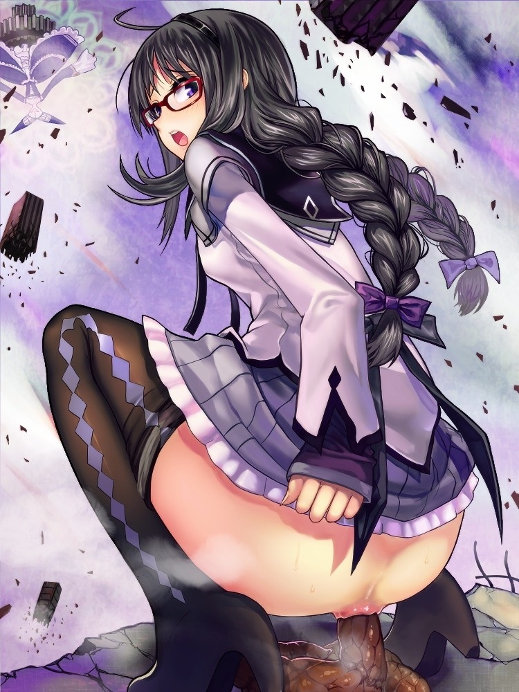 big_ass black_hair eyewear glasses homura human pooping scat