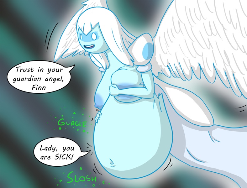 1girls adventure_time angel belly big_belly bleedingstalker breast_squish breasts female guardian_angel nipples stomach vore white_hair wings