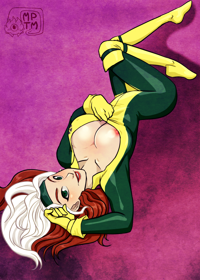 anna marie, bodysuit, breasts, brown hair, female, gloves, green eyes, head tilt, headband, large breasts, long hair, looking at viewer, marvel, marvel comics, my pet tentacle monster, nipples, open clothes, parted lips, rogue (x-men), smile, solo, two-tone hair, unzipped, upside-down, white hair, x-men